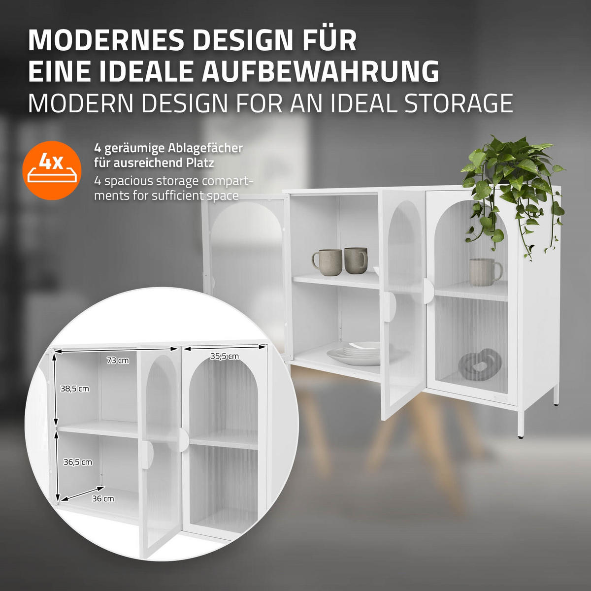 VITRINENSCHRANK aus Stahl 120x93x40 cm Weiß mit 3 Türen - Weiß, Metall (120/93/40cm) - ML-DESIGN