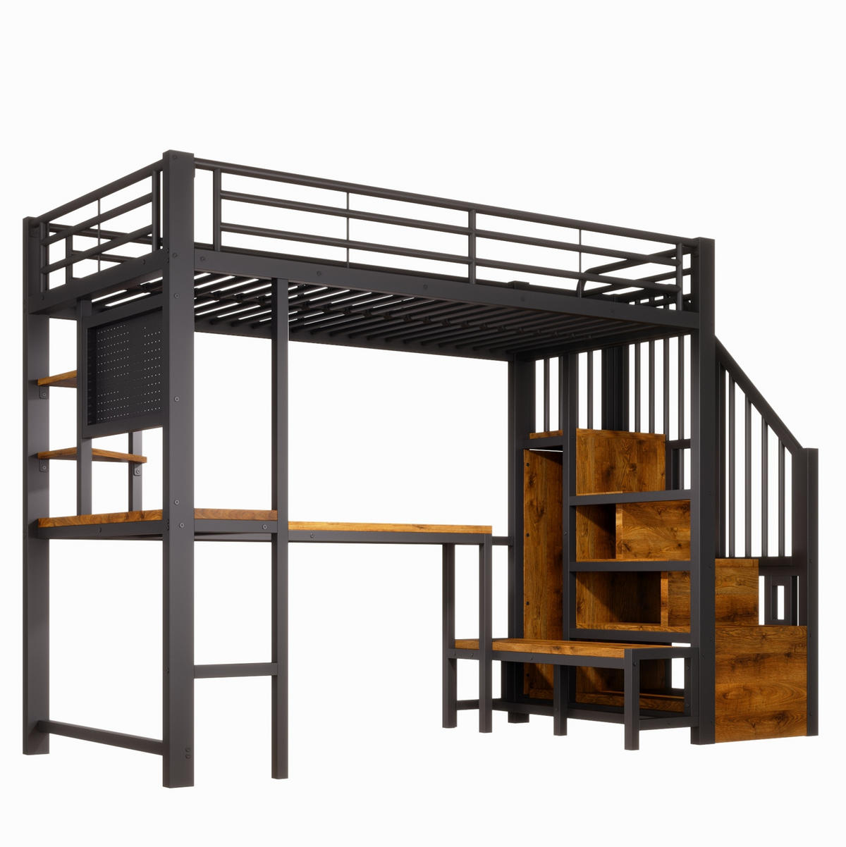 HOCHBETT aus Metall und MDF 90x200 cm Schwarz mit Schreibtisch, Stauraumtreppe, LED, USB und USB-C - Schwarz, Holzwerkstoff (90/200cm) - IVMEU