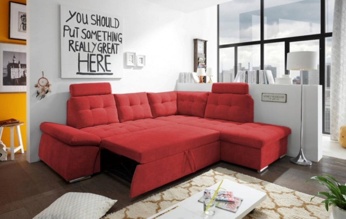 ECKSOFA mit Schlaffunktion, Bettkasten und verstellbarer Armlehne - Chromfarben/Rot, Textil (219/260cm) - ed exciting design