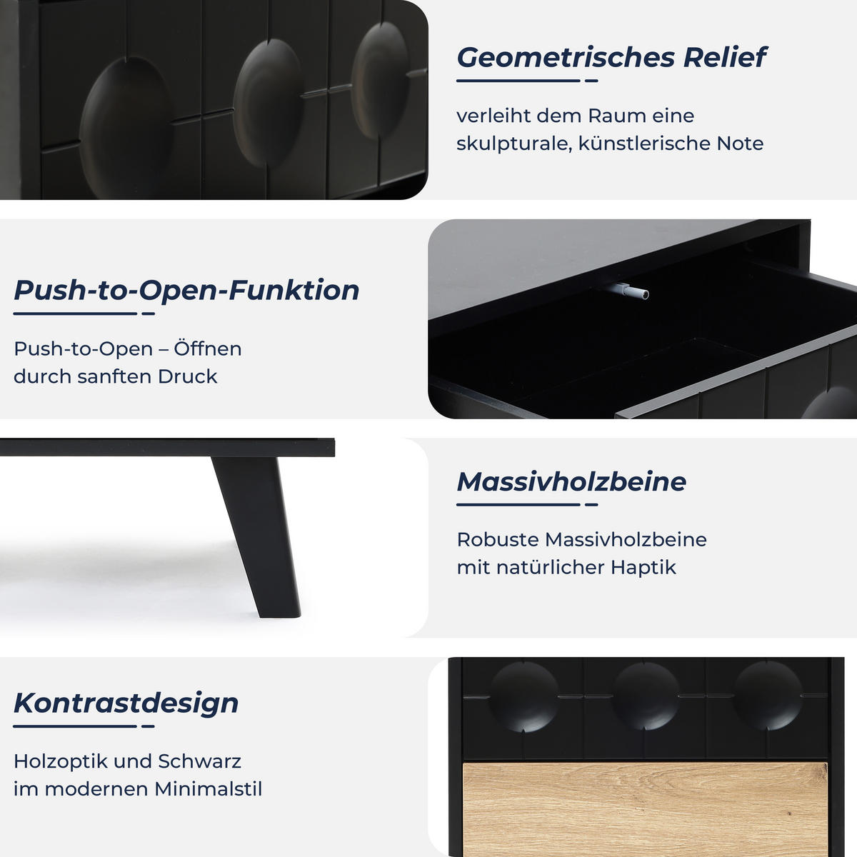 NACHTTISCH mit 2 Schubladen, Natur und Schwarz | 40T x 45B x 48H cm - Schwarz, Holz (45/48/40cm) - Hometopia