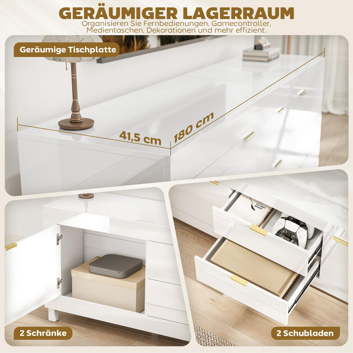 TV-SCHRANK Spanplatte Hochglanz - Weiß Hochglanz, Holzwerkstoff (40/66/180cm) - HOMCOM