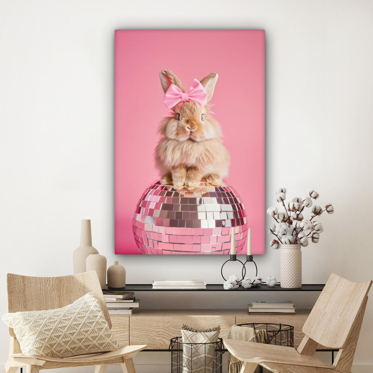 LEINWANDBILD Schleife - Discoball - Kaninchen Deko Groß 90x140 cm - Pink, Textil (90/140cm) - MuchoWow