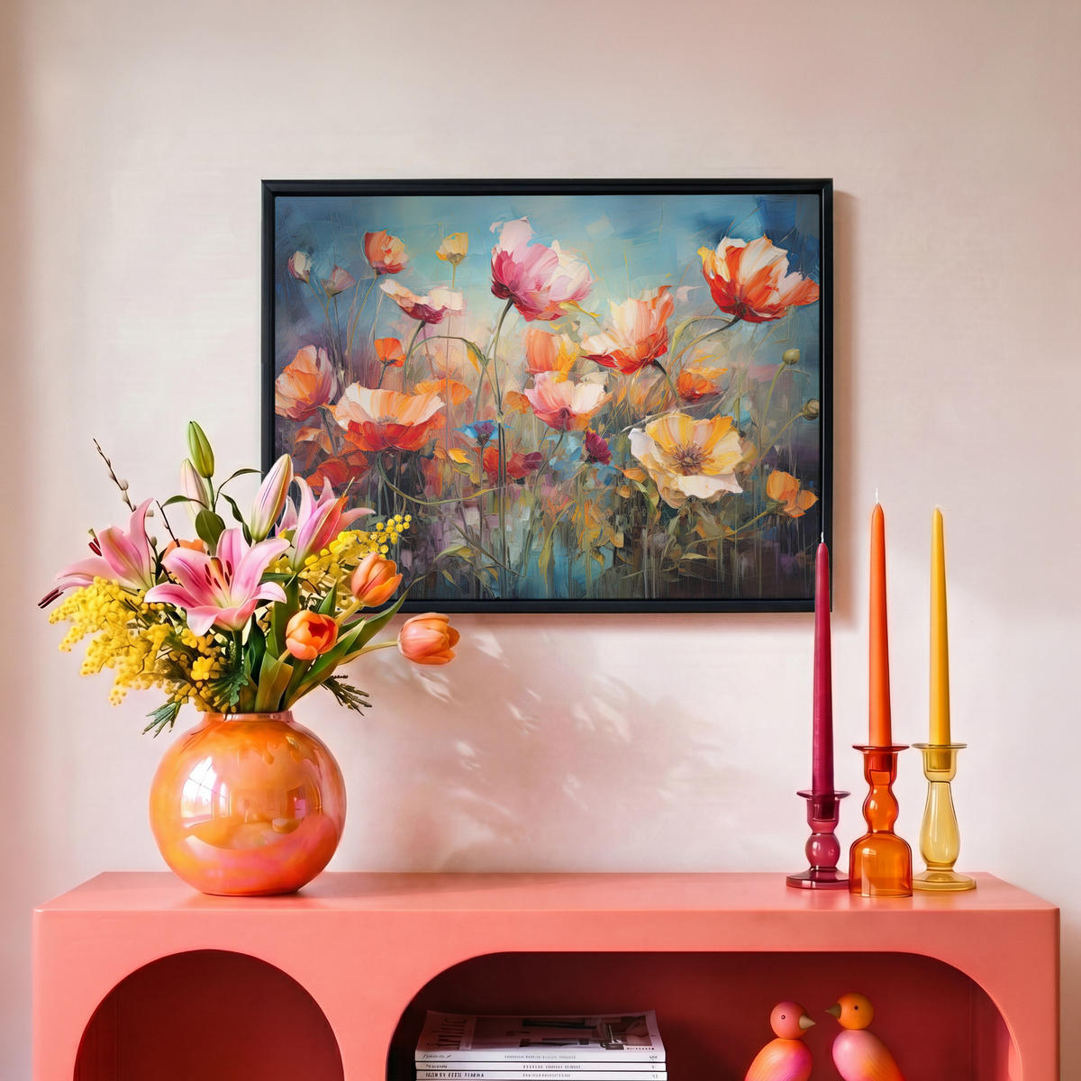 LEINWAND Bilder mit Rahmen - Blumen - Aquarell - Kunst - Botanisch - Natur - 40x30 - Orange, Textil (40/30cm) - MuchoWow