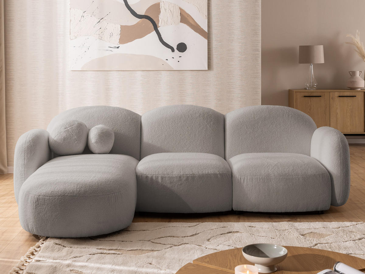 ECKSOFA Nuvola mit abgerundetem Design Hellgrau Bouclé-Stoff - Ottomane Links - Hellgrau/Schwarz, Holz/Kunststoff (268/146cm) - S-Style Möbel
