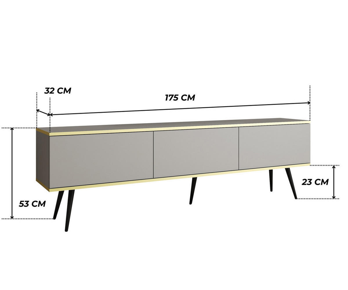 TV-LOWBOARD FORNO (Grau, Goldene Details, 3 Türen, schwarze Metallfüße, 175 cm) - Schwarz/Grau, Holz/Holzwerkstoff (175/53/32cm) - Ravio