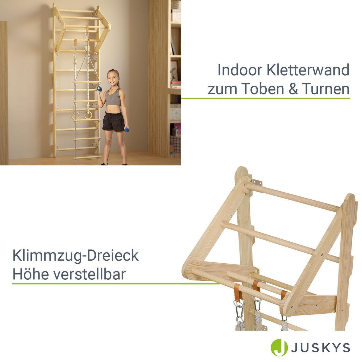 SPROSSENWAND für Kinder mit Turnringen - Naturfarben, Holz (62/57cm) - Juskys