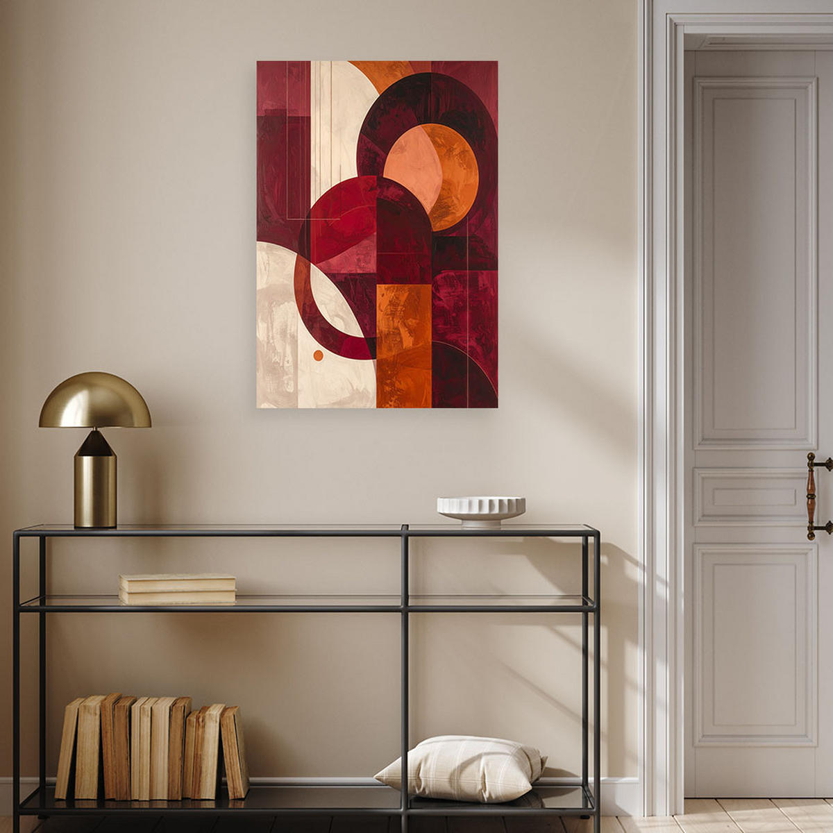 LEINWANDBILD, Geometrische Komposition mit bordeauxroten Kreisen und Rechtecken - Rot, Textil (20/30cm) - Feeby
