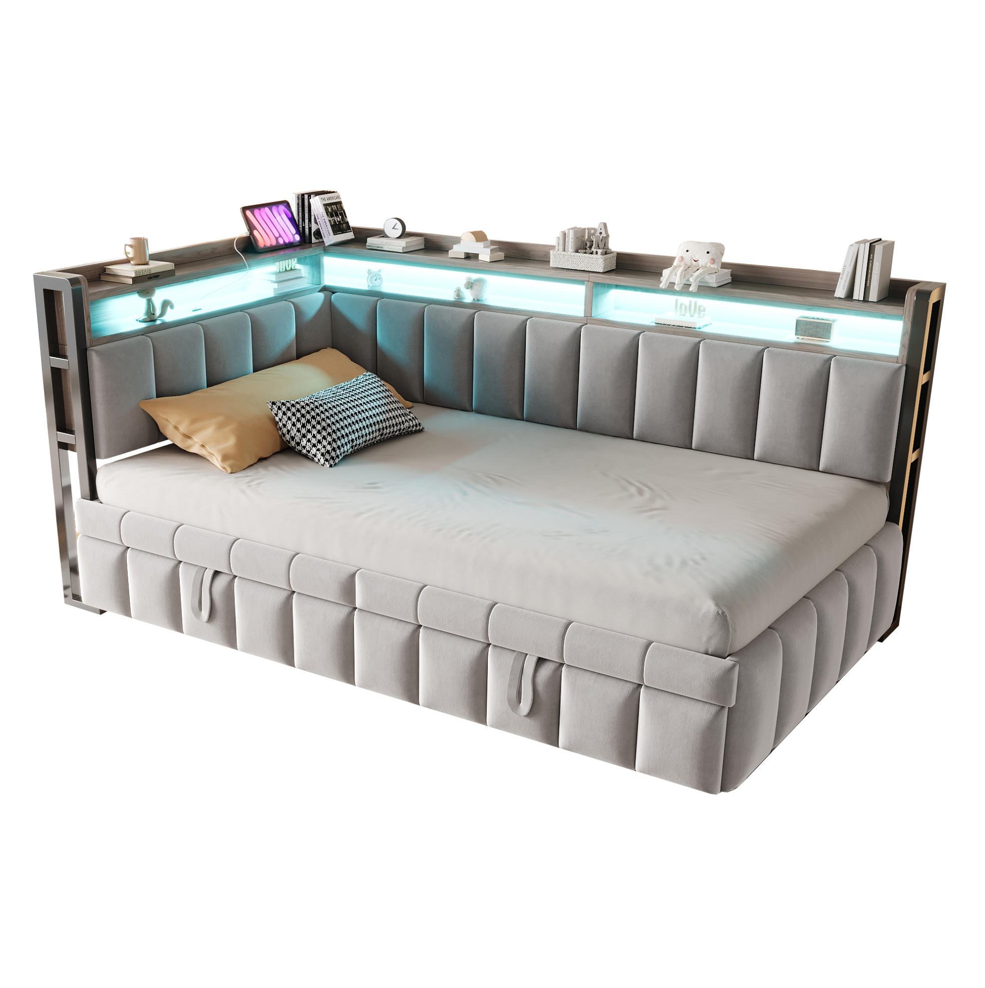 POLSTERBETT 90/200 cm aus Samt mit Ausziehbett LED und USB-Anschluss Hellgrau - Grau, Textil (90/200cm) - Modenvie