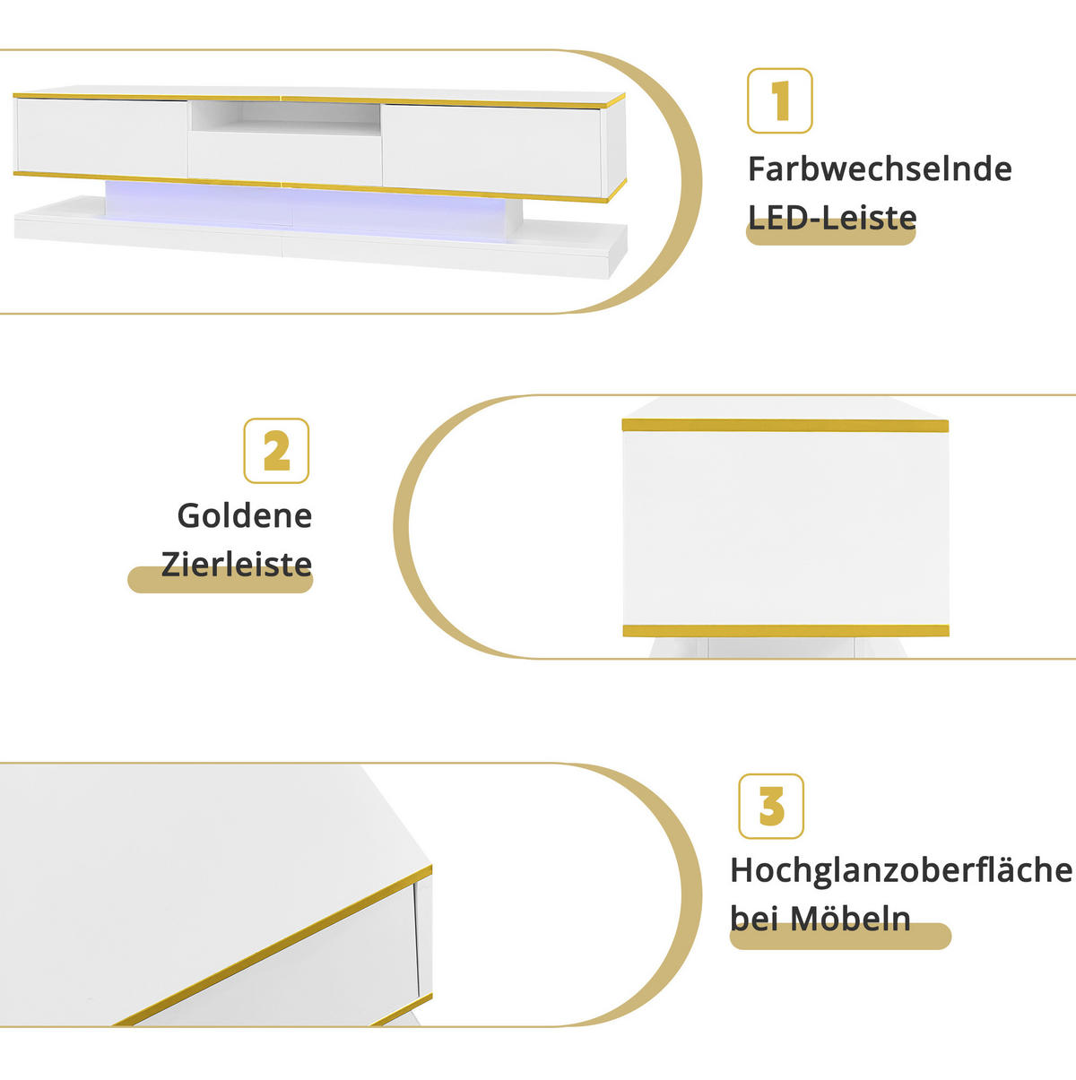 NÍZKA komoda z drevotriesky, 180/38/45 cm biela/zlatá, s LED osvetlením - biela, kompozitné drevo (180/45/38cm) - BEAOK