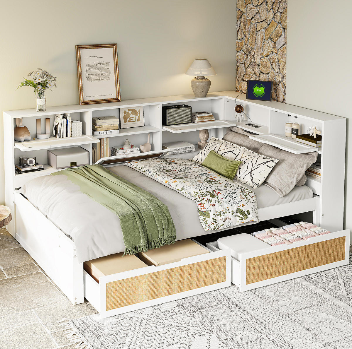 BETT 140/200 cm in Weiß mit Stauraum und USB-Ladeanschlüssen inkl. Lattenrost - Weiß, Holzwerkstoff (140/200cm) - BEAOK