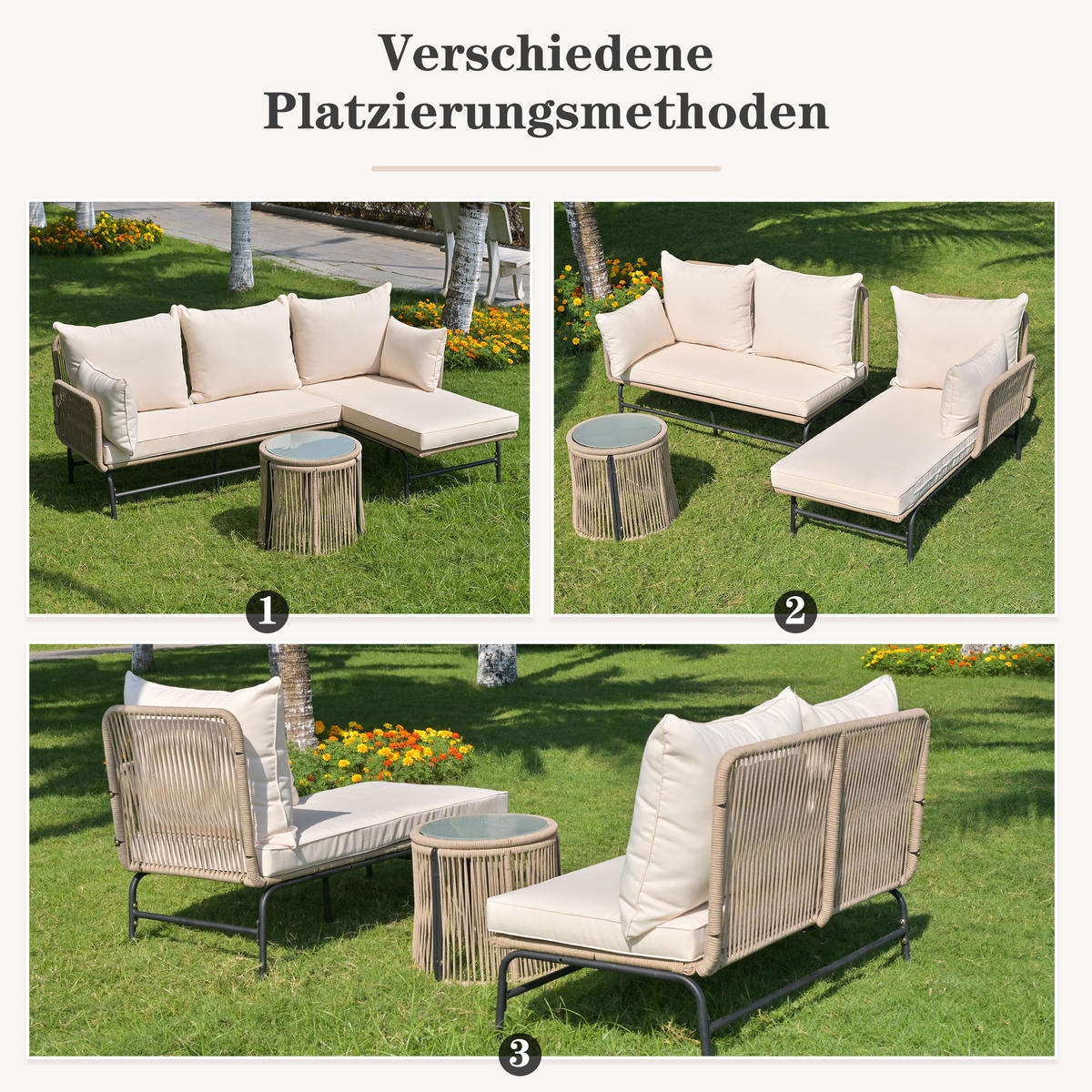 GARTENLOUNGE Set mit Eisengestell und beigem Seil LForm Gesprächsset mit Tisch Gewebtes Seil für Garten Terrasse Beige - Beige, Metall - FLIEKS