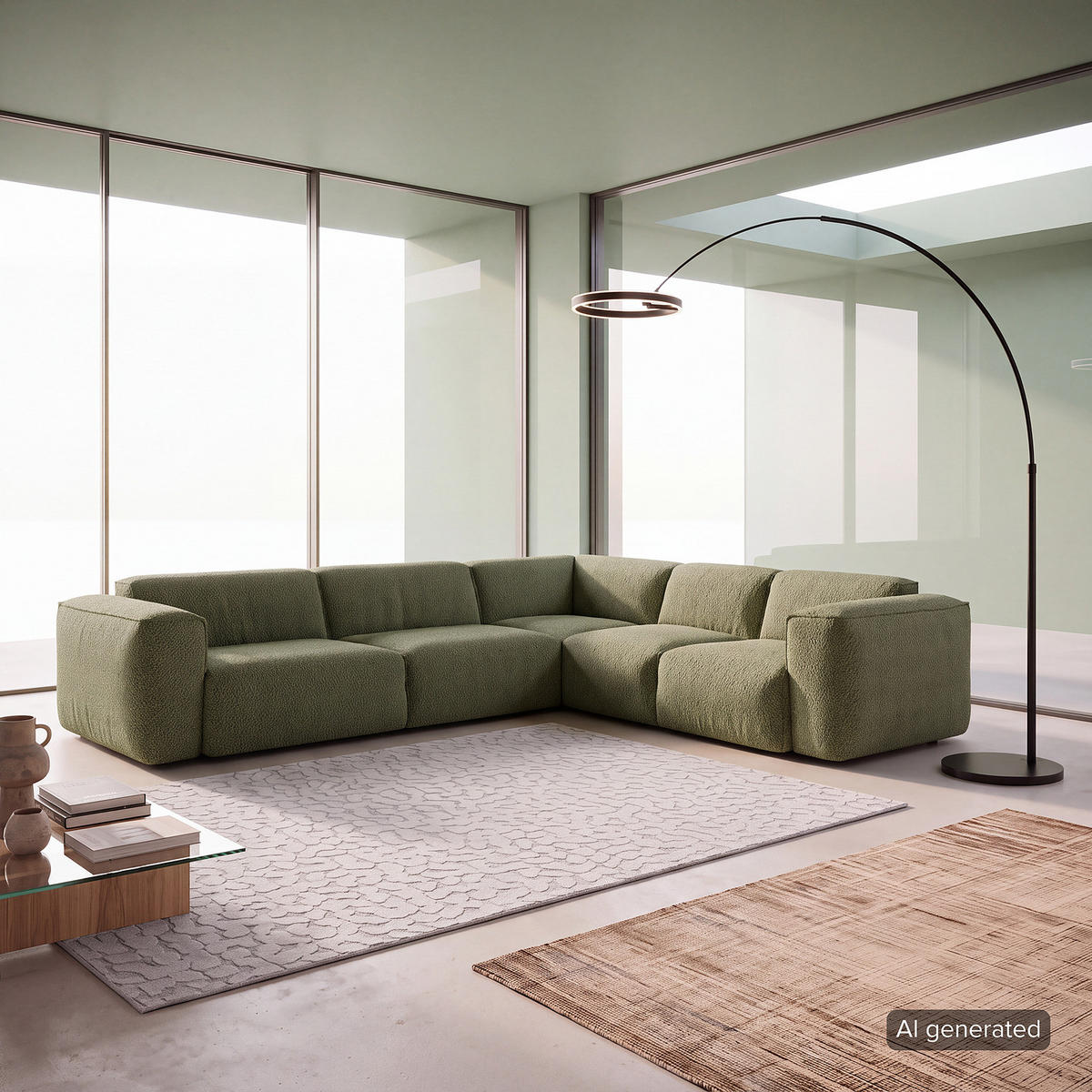 ECKSOFA mit Rundecke - Schwarz/Grün, Kunststoff/Textil (325/260cm) - home24