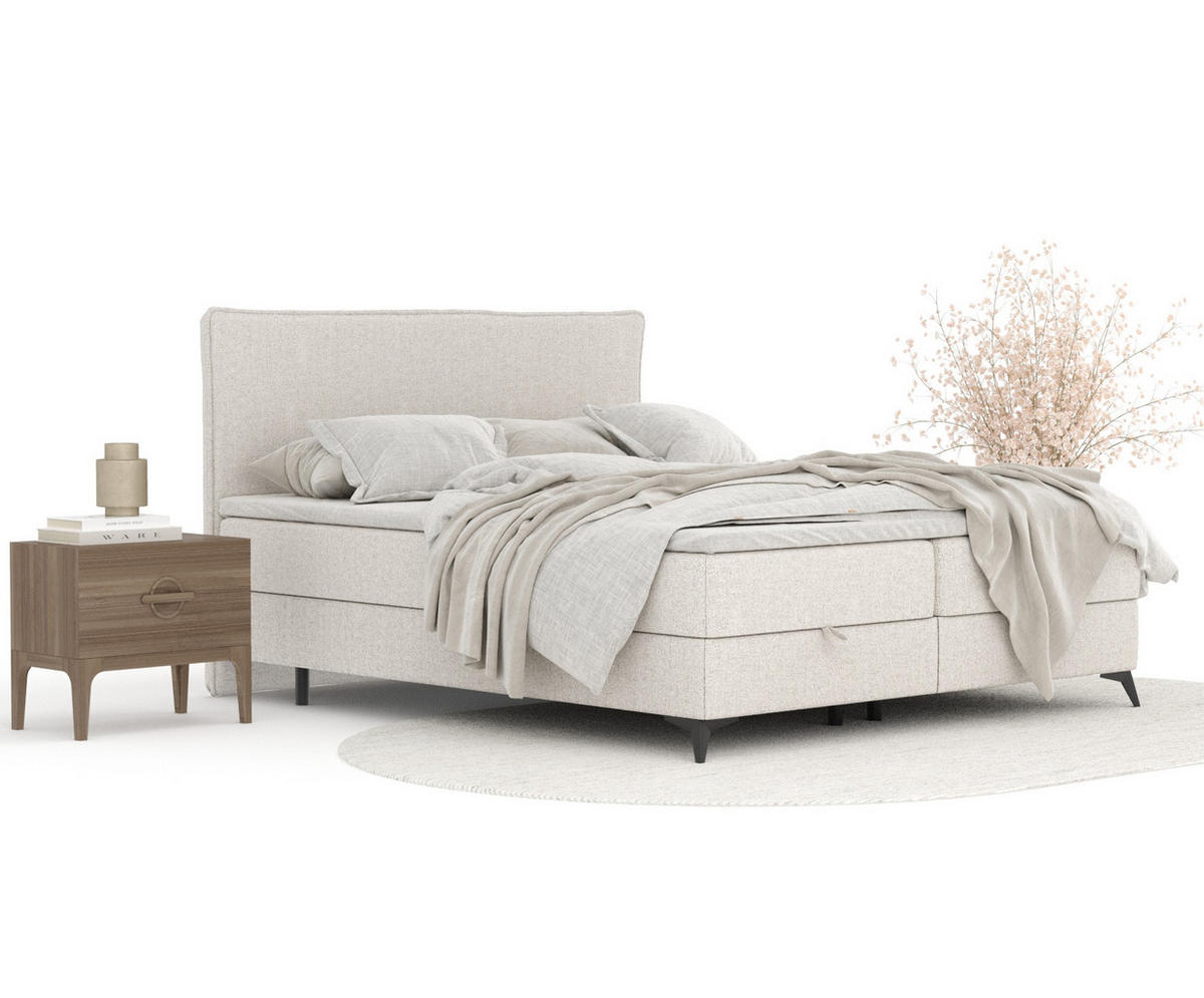 BOXBETT Peru Creme 160/200 cm im Webstoff - Creme/Schwarz, Holz/Holzwerkstoff (160/200cm) - Maison de Reve