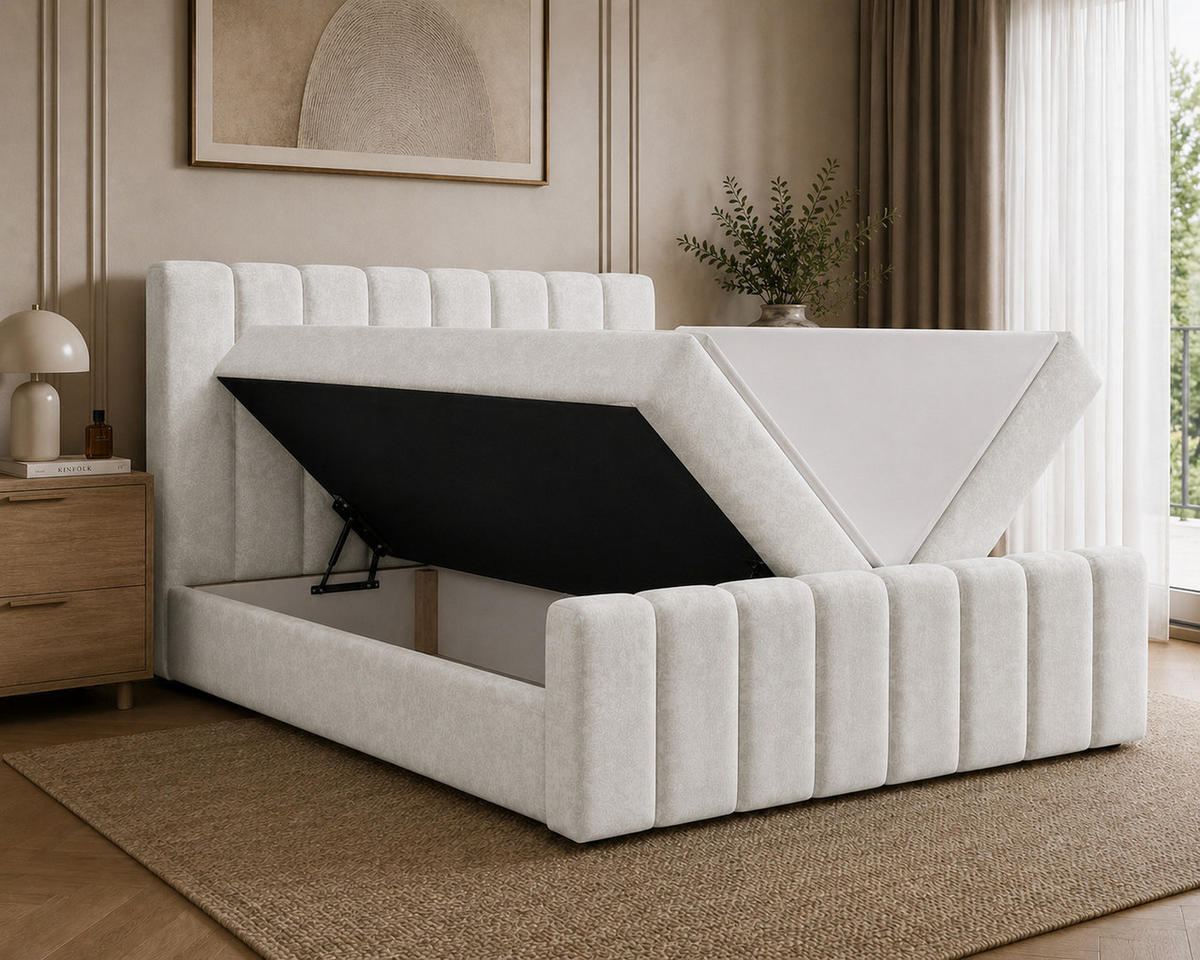 BOXBETT 01 BIS 160 x 200 cm - Vibe - Modernes Polsterbett mit Bettkasten inkl. PU-Schaum-Topper und Federmechanismus - Hellgrau, Holz (160/200cm) - ROYAL24_MARKT