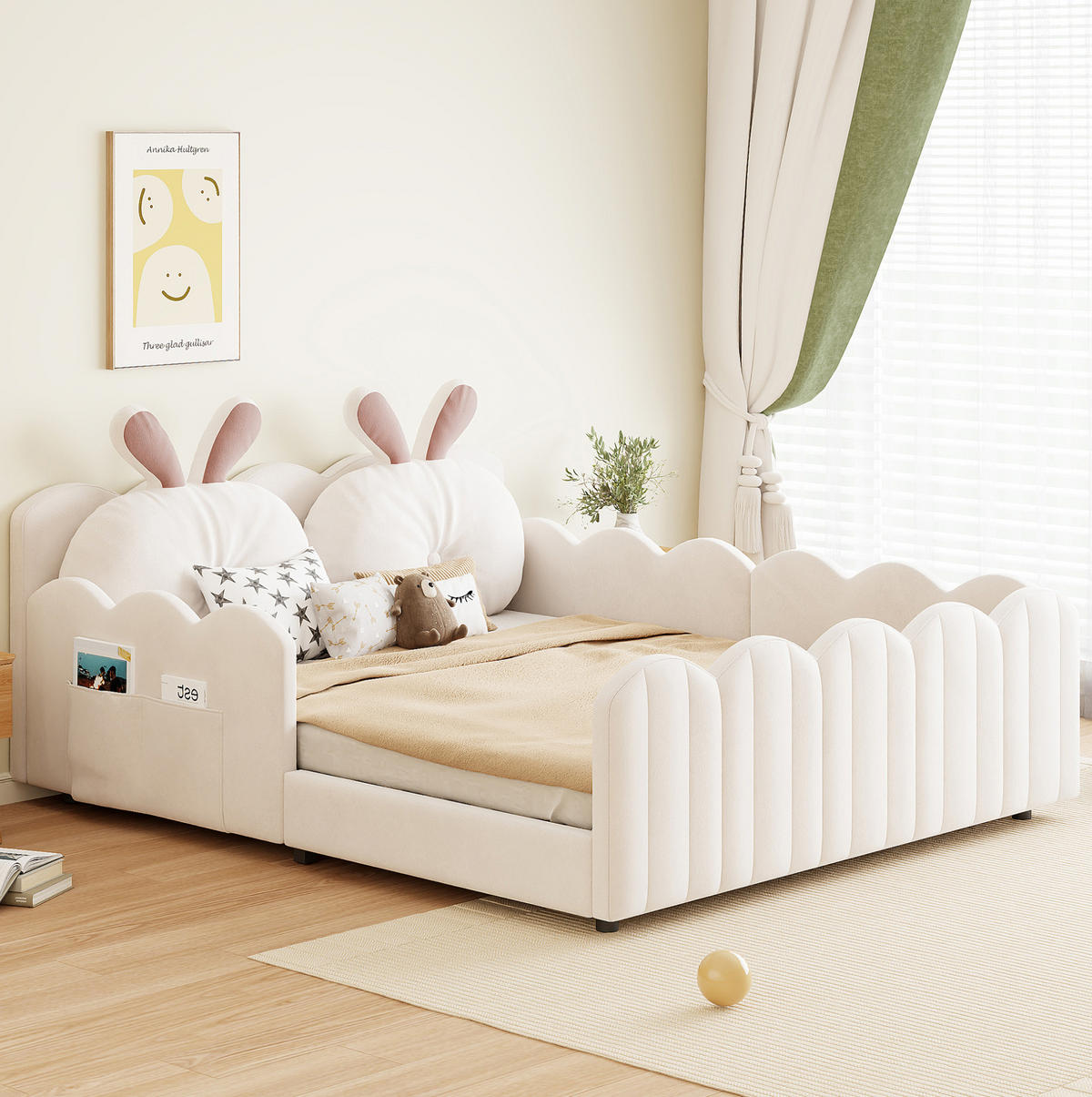 POLSTERBETT 140/200 cm Beige mit Schutzgeländer und Kopfteilkissen - Beige, Textil (140/200cm) - MIVRAY