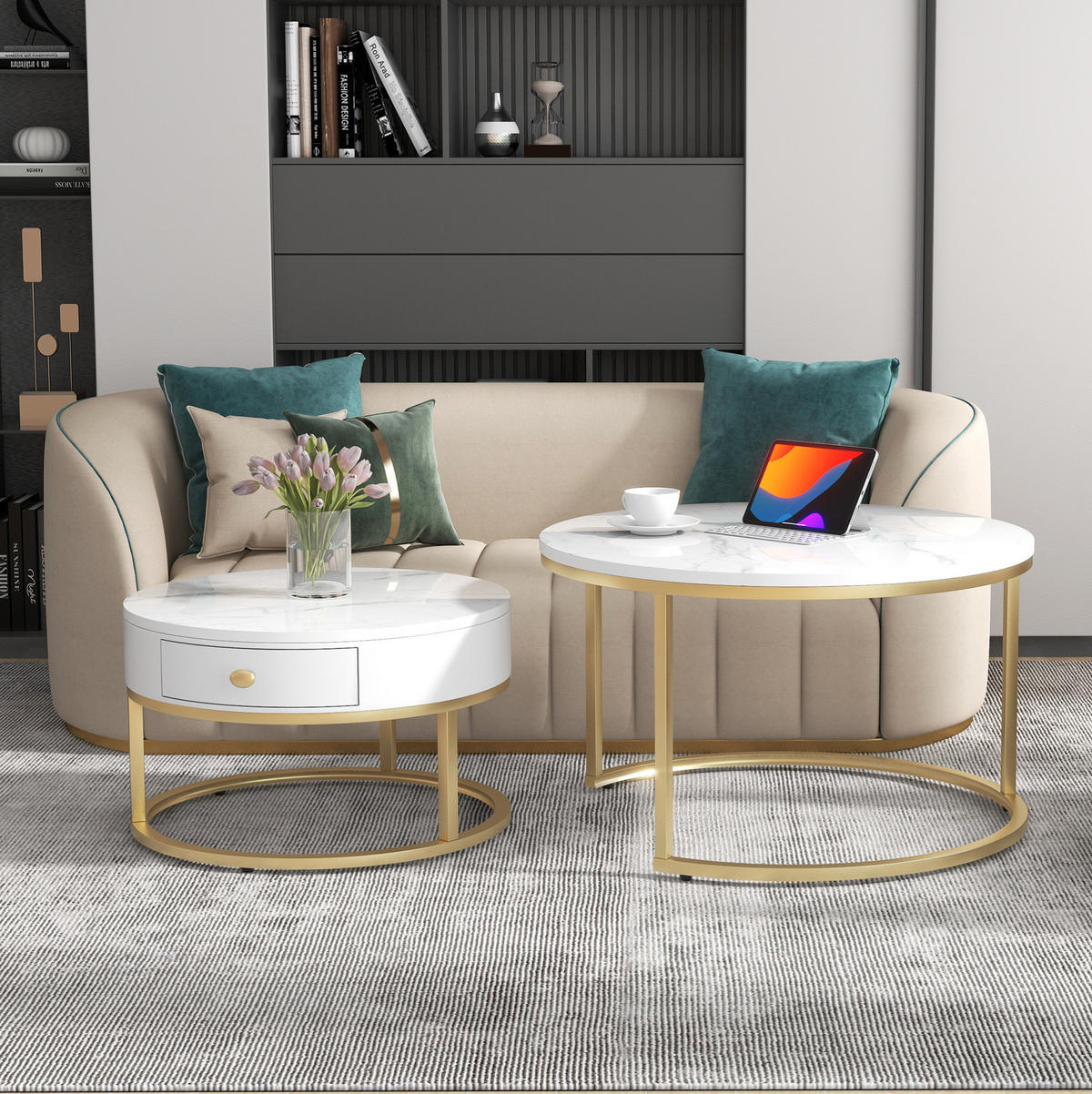 COUCHTISCH 2er-Set rund nestbar MDF Gloss White - Weiß, Holz (70/70/45cm) - Meubliv