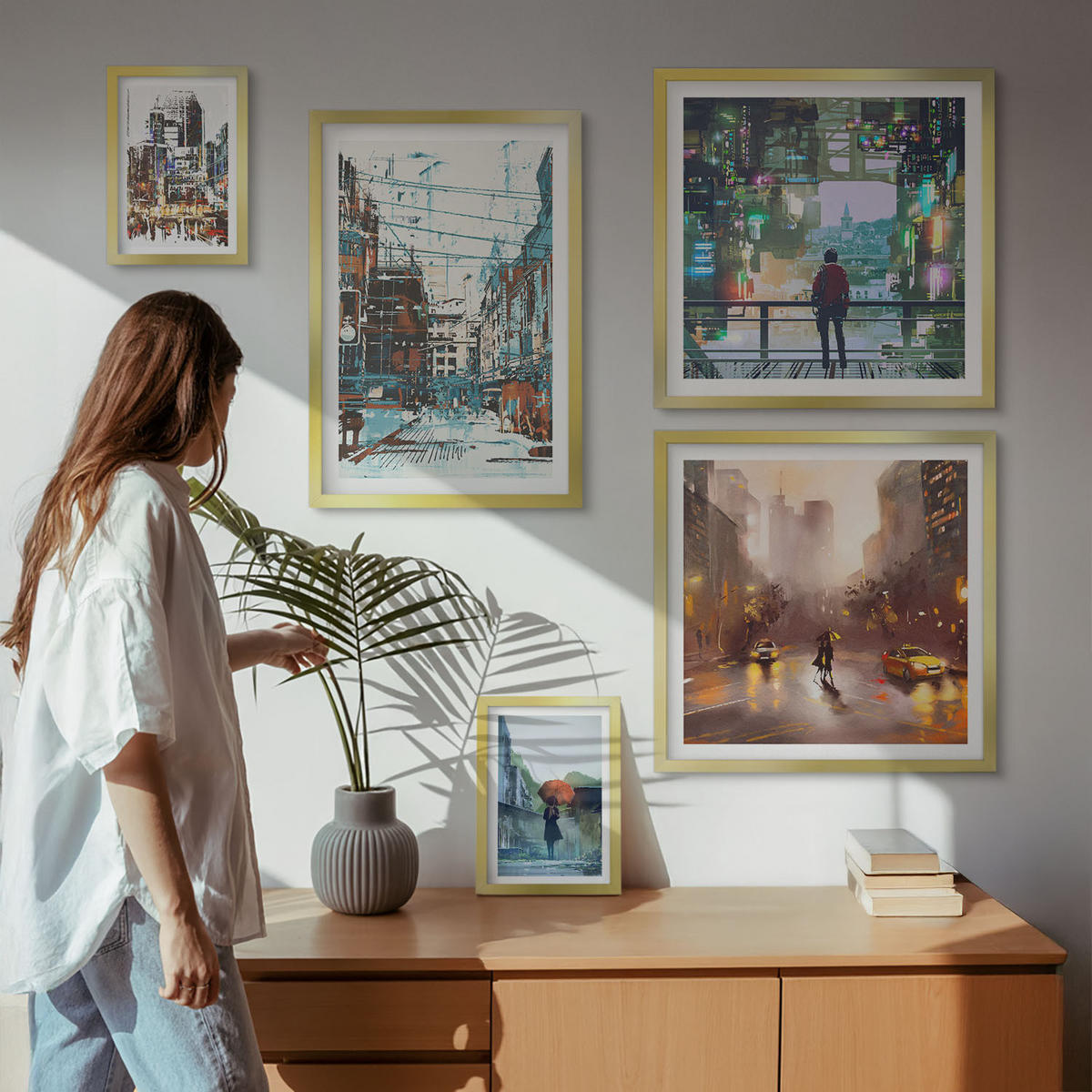 BILDER SET 5er Set - 50x50 cm & 20x30 cm & 40x60 cm Goldrahmen - Moderne, farbenfrohe Städte mit Charakteren - Goldfarben, Kunststoff (40/60cm) - TULUP