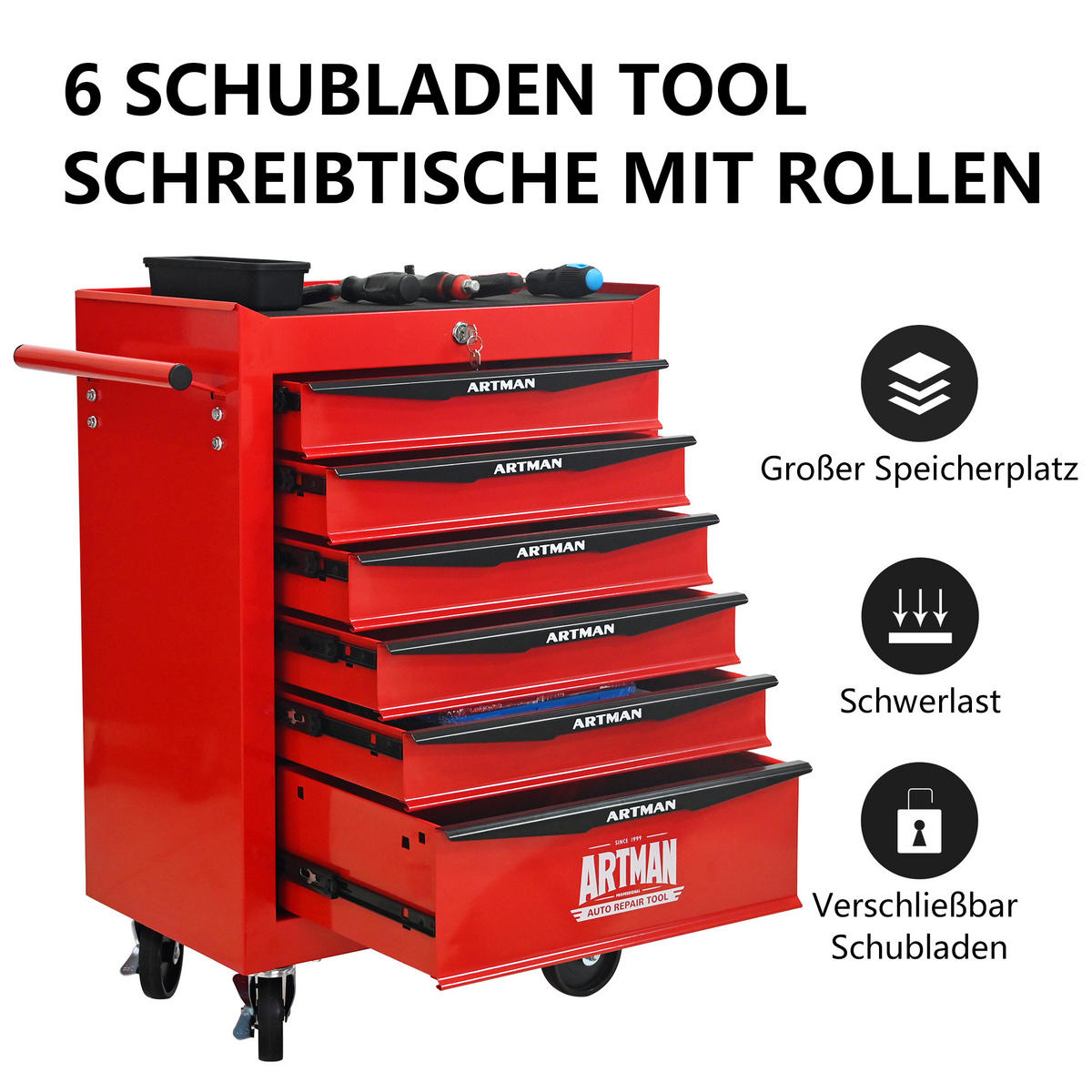 KOMBINATIONS-WERKZEUGKASTEN – 6 Schubladen, 508 mm (20 Zoll), mit 6 Schubladen, Farbgebung in Rot und Schwarz. - Multicolor, Metall (33/77.5/60cm) - DCA