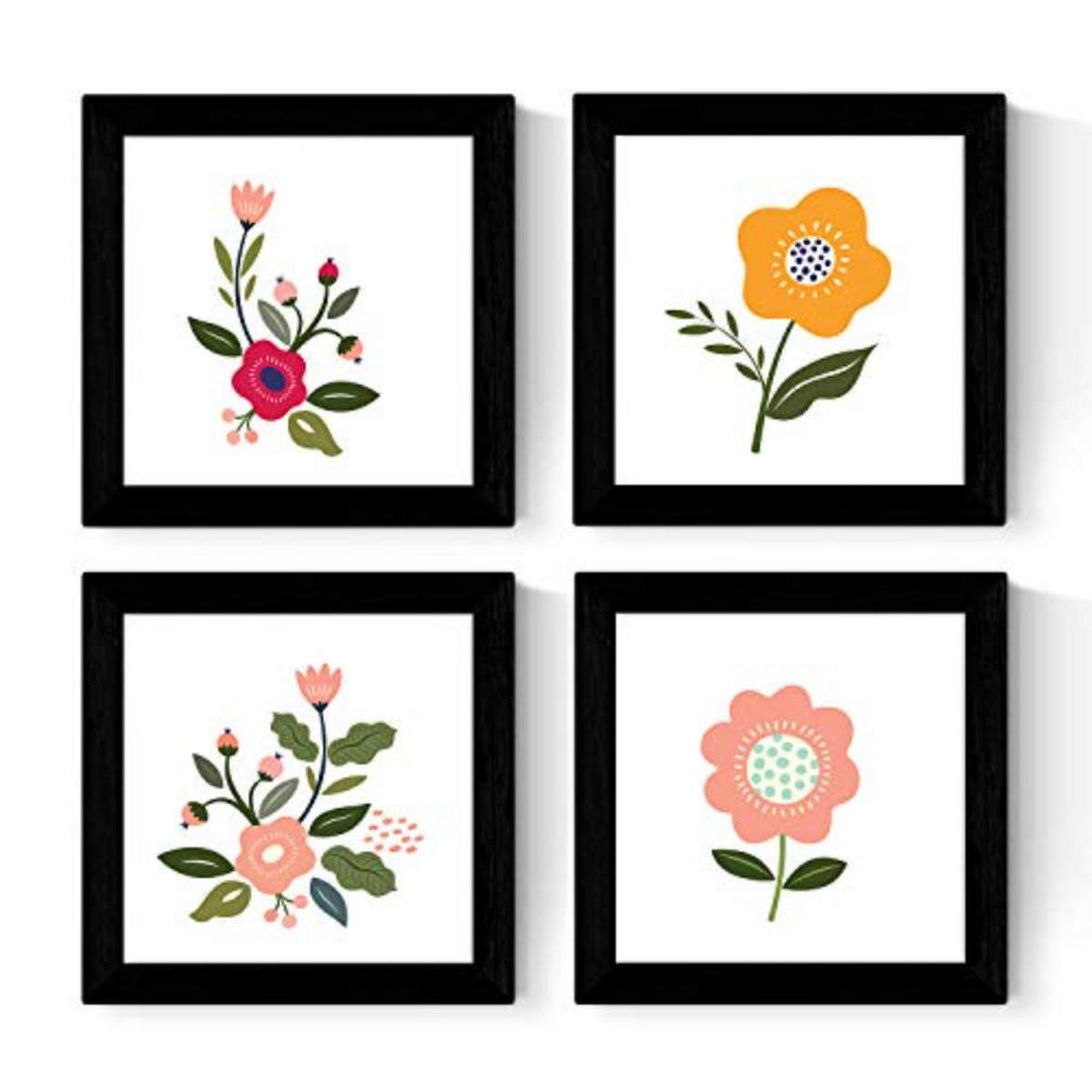 POSTER Set mit 4 florierenden Blumen Rosen und Orangen 20x20cm Schwarzer Rahmen - Schwarz, Papier (20/3cm) - Nacnic