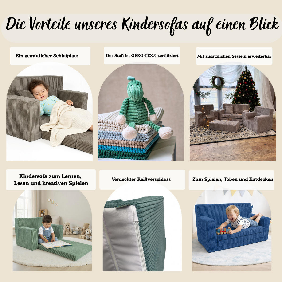 KINDERSOFA aus Kuschel-Cord in Hellgrau - Hellgrau, Textil (83/47/43cm) - Fortisline