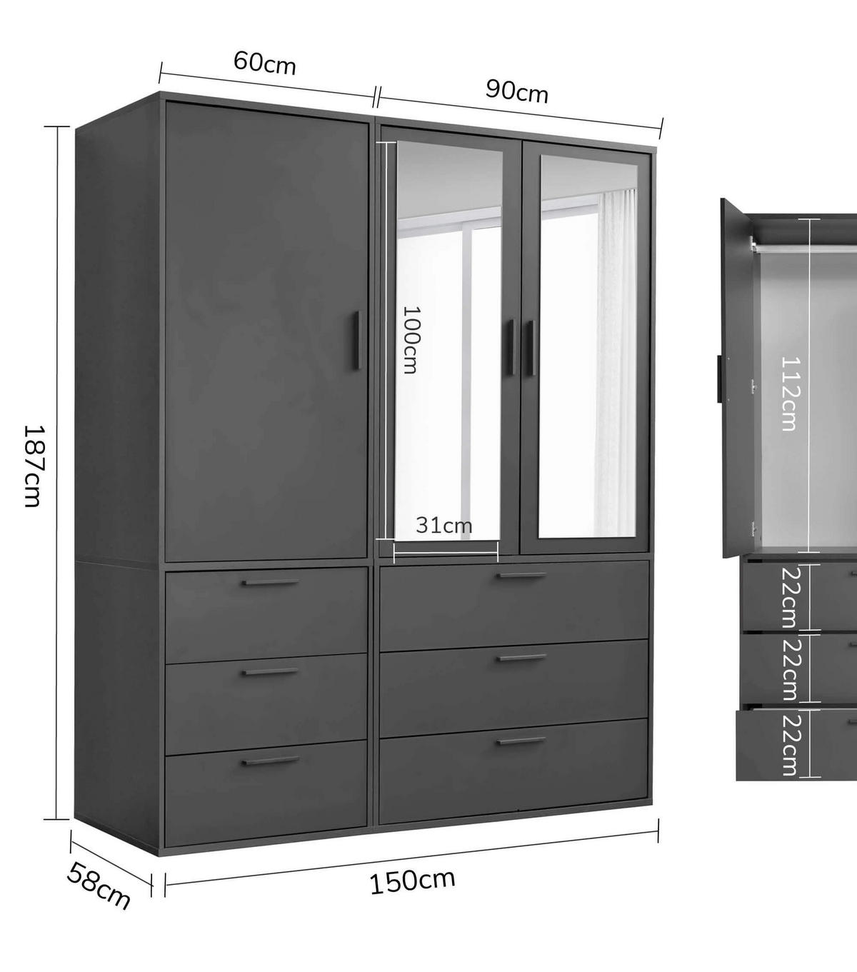 KLEIDERSCHRANK mit Spiegel Der Grenzenlose - Anthrazit, Holzwerkstoff (150/187/58cm) - Mokebo