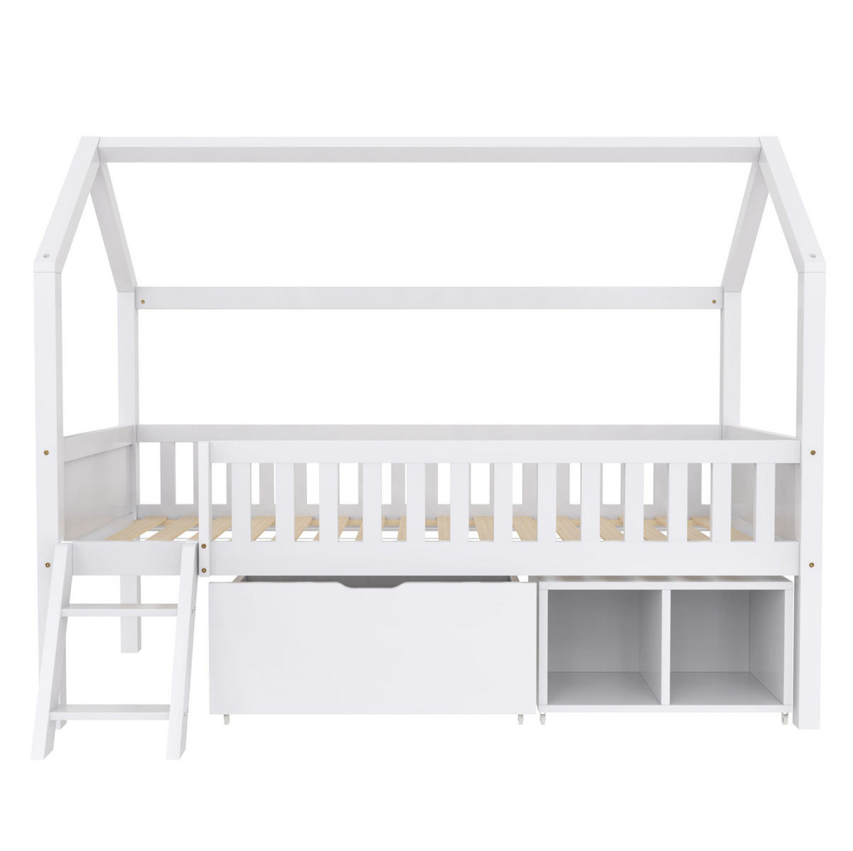 HAUSBETT 90/200 cm aus Kiefer massiv in Weiß – mit Satteldach, Treppe und Stauraum - Weiß, Holz (90/200cm) - BEAOK