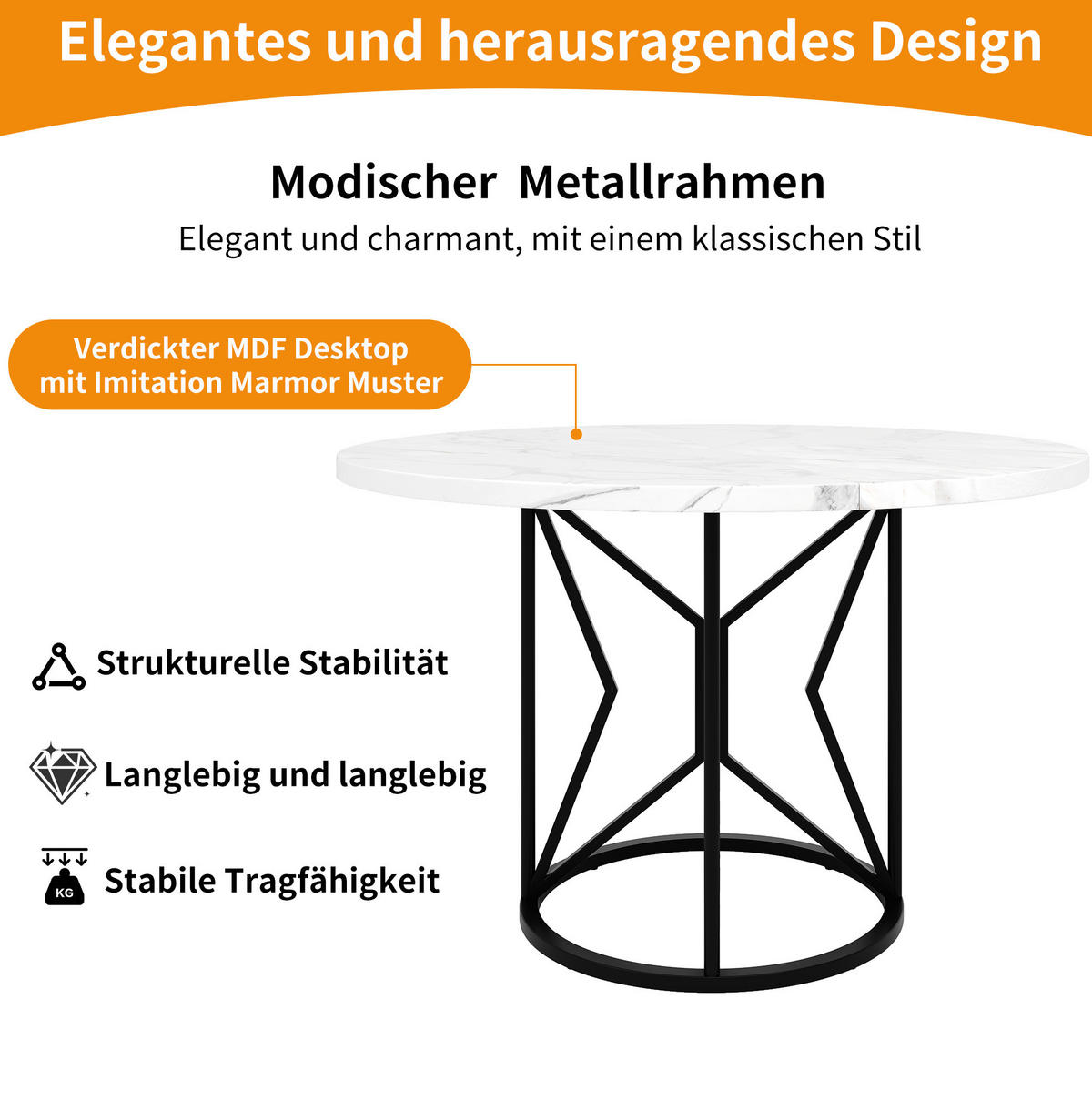 ESSTISCH 100x100x76 cm in Weiß und Gold aus MDF mit Marmoroptik auf schwarzem Metallgestell - Schwarz, Holzwerkstoff (100/100/76cm) - Modfu