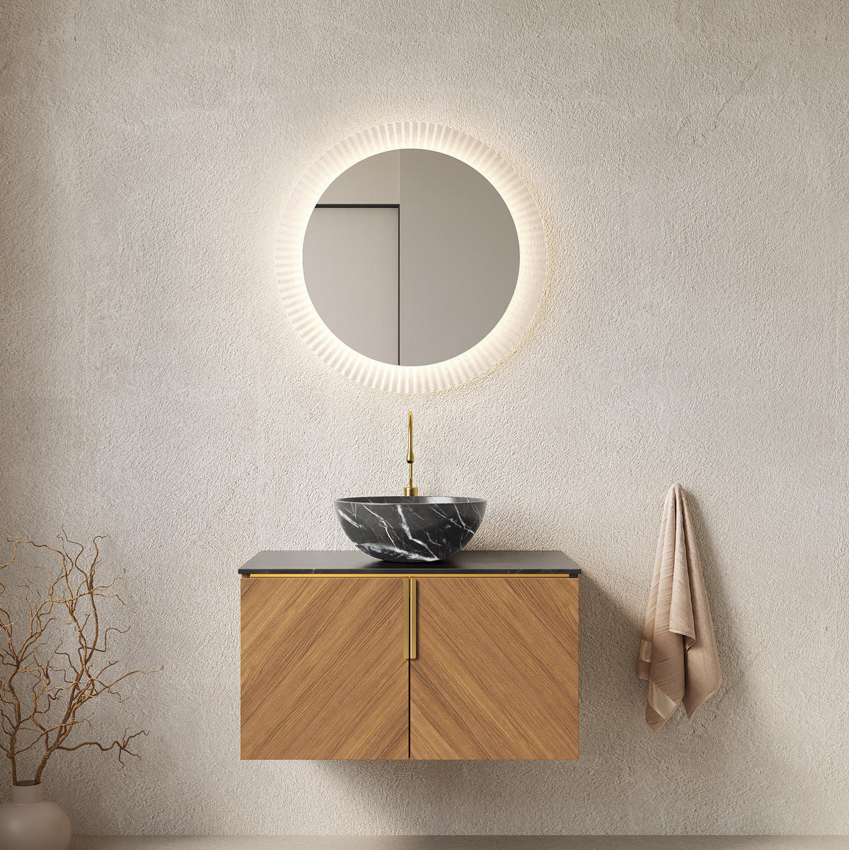 WANDMONTIERTER Badezimmer-Waschtisch aus Keramik und Sinterstein 76x50x55 cm, Schwarz/Braun Eiche, mit 2 Türen und Soft-Close-System - Schwarz, Keramik (76/55.1/50cm) - Modfu