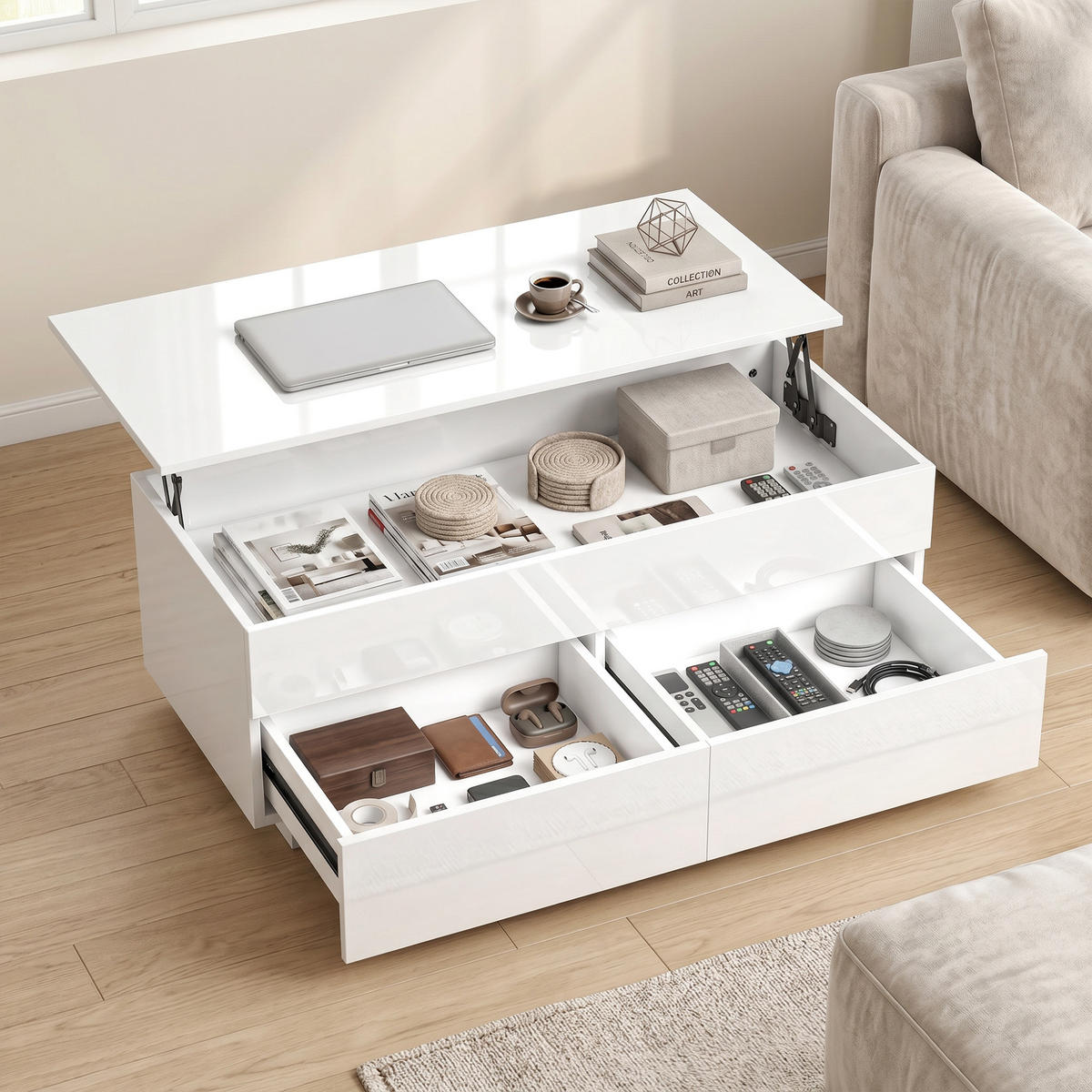 HÖHENVERSTELLBARER-COUCHTISCH Spanplatte Hochglanzweiß - Weiß Hochglanz, Holzwerkstoff (102/48/54.5cm) - HOMCOM