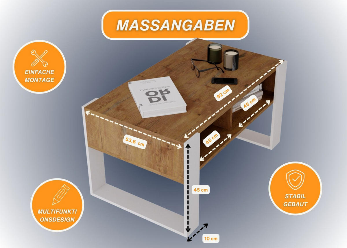 COUCHTISCH Holzwerkstoff rechteckig stabil Nussbaumfarben 45/53,6/92cm - Nussbaumfarben/Weiß, Holzwerkstoff (53.6/92/45cm) - CraftPAK