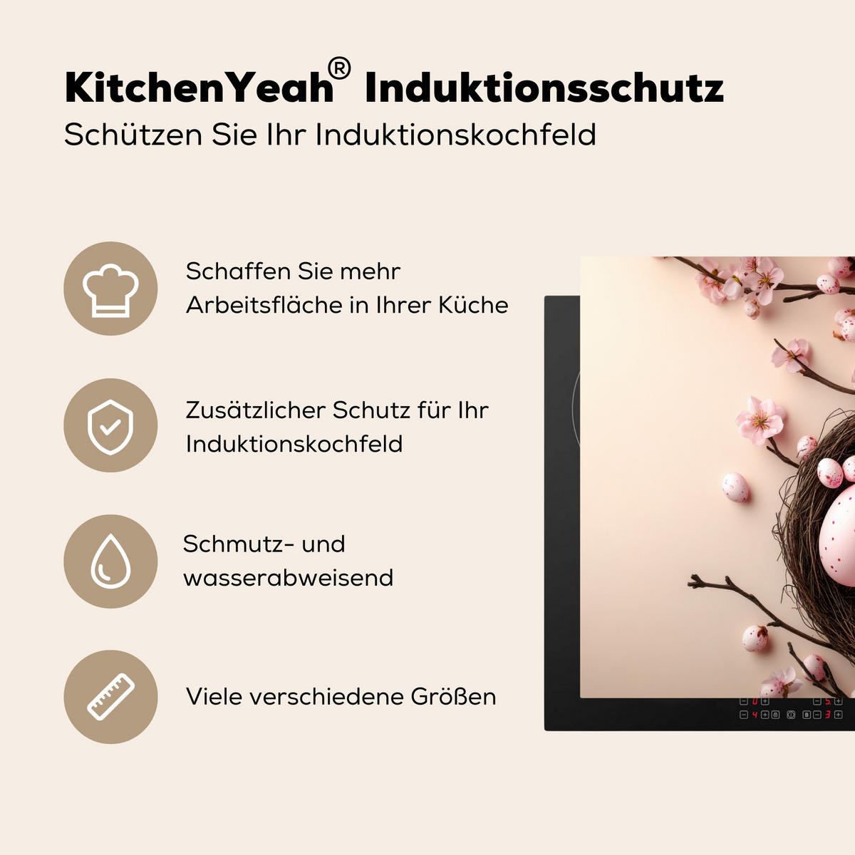 HERDABDECKPLATTE Rosa - Blüten - Eier Ceranfeldabdeckung 59x52 cm - Hellrosa, Kunststoff (59/52/0.2cm) - MuchoWow