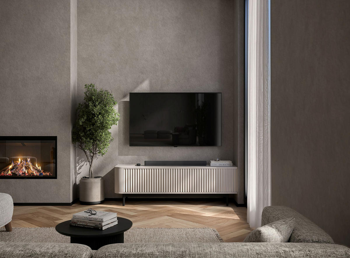 TV komoda Aurora matná kašmírová 140 cm s kovovým rámom - čierna/kašmírová, kov/kompozitné drevo (140/44/35cm) - Meble Lindner