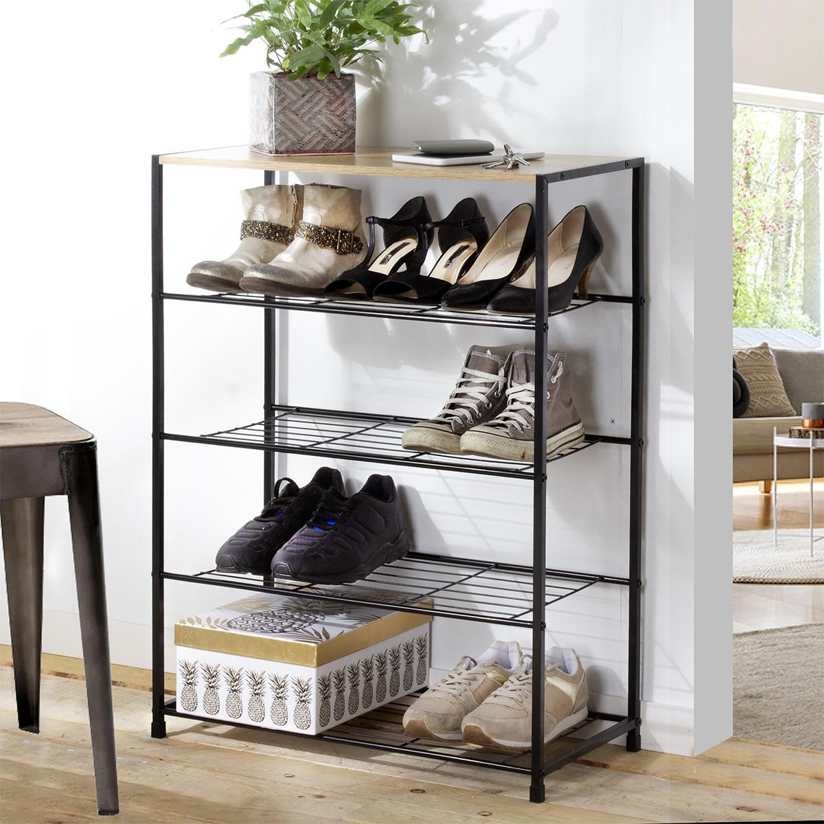 5-STUFIGES Schuhregal aus schwarzem Metall - Apfelbaumfarben, Holzwerkstoff (30/83/63cm) - Calicosy