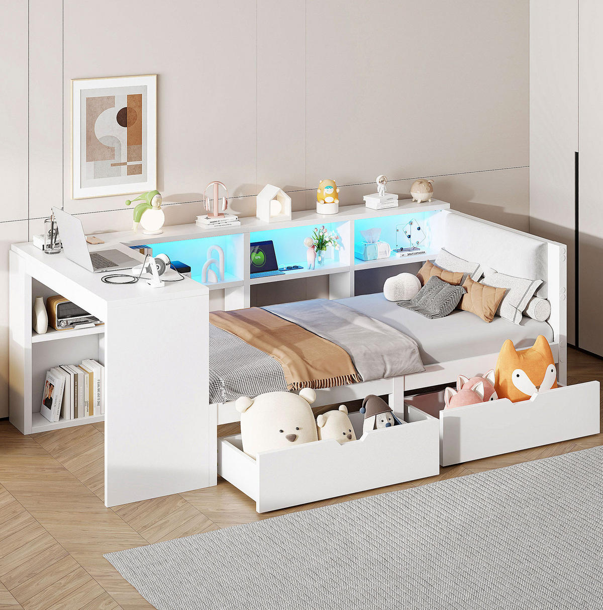 BETT 90/200 cm in Weiß mit Schubladen, LED-Beleuchtung und USB-Anschlüssen - Weiß, Holzwerkstoff (90/200cm) - Flora Grace