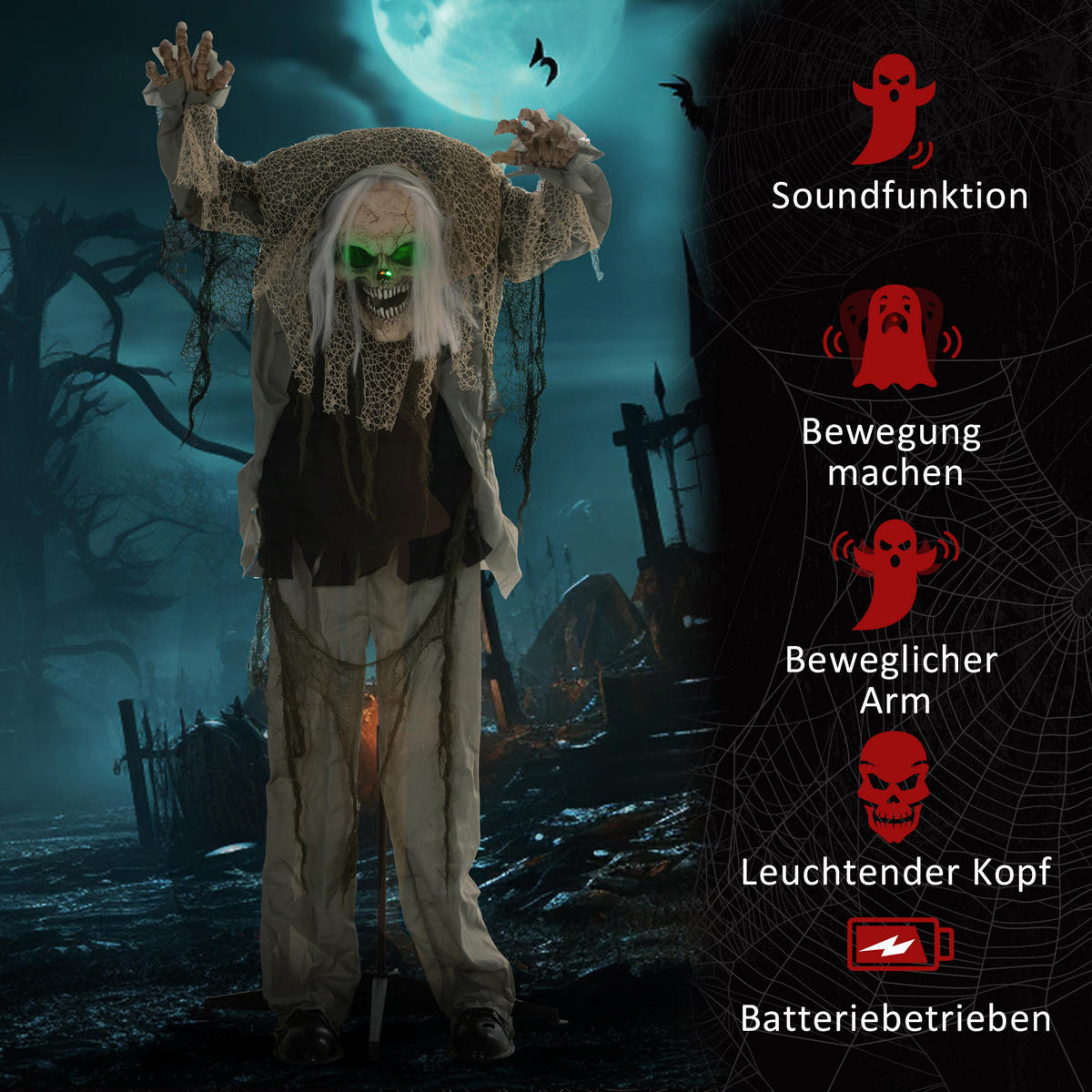 HALLOWEEN DECORATIONS 160cm stehendes Skelett mit LED-Lichter, Soundfunktion - Grau, Kunststoff/Metall (65/160/30cm) - HOMCOM