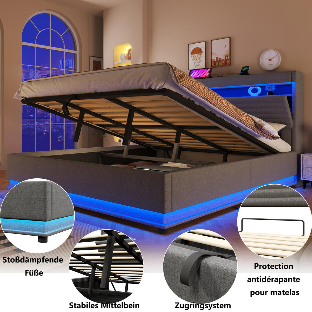 ČALOUNĚNÁ POSTEL 180x200cm Úložná LED USB-C Len Šedá - šedá, přírodní materiály (180/200cm) - FLIEKS
