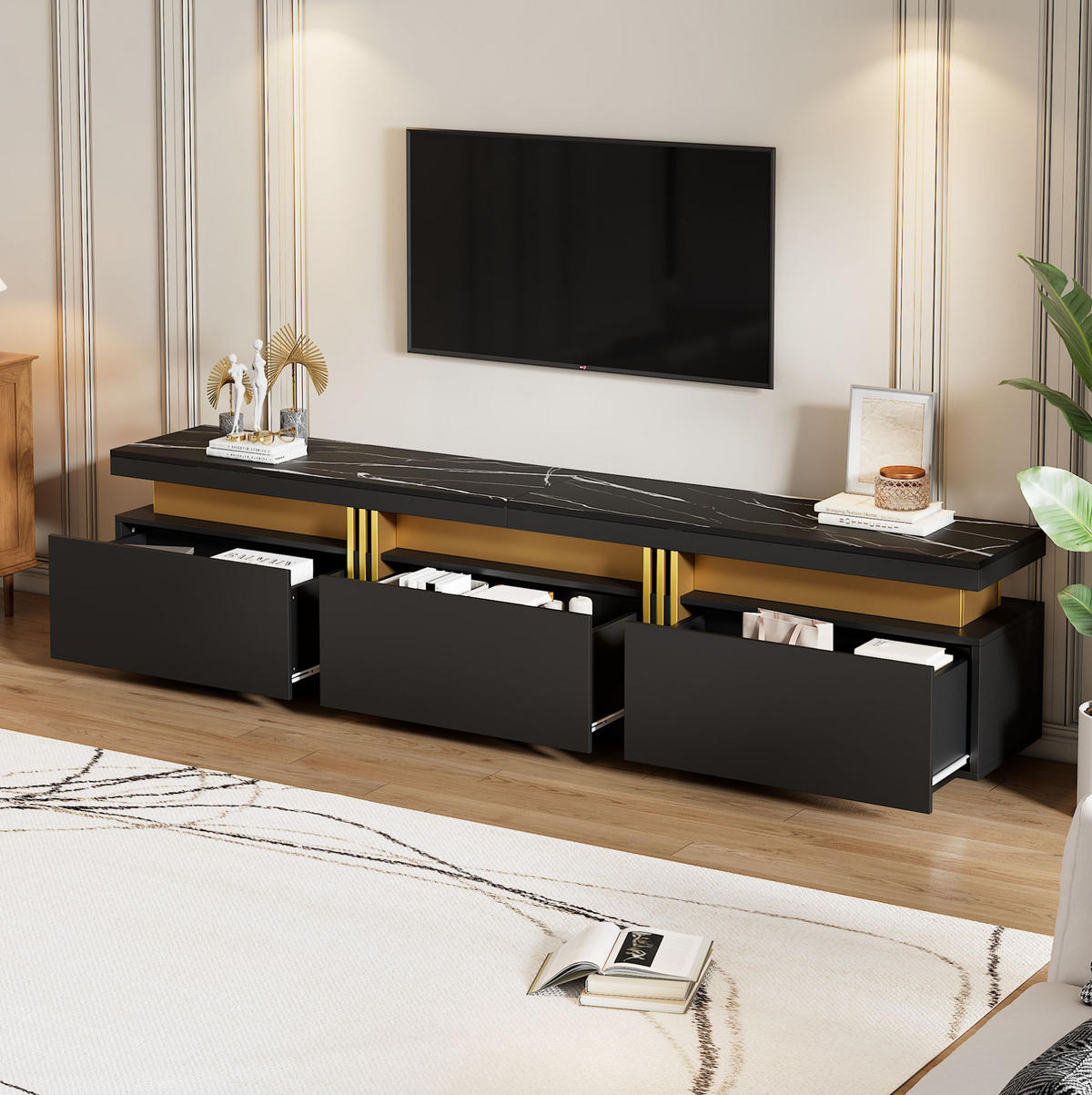 TV stolek z dřevotřísky 200x40x42 cm černý se 3 zásuvkami, vedením kabelů a deskou v dekoru mramoru - černá, kompozitní dřevo (200/42/40cm) - Modfu