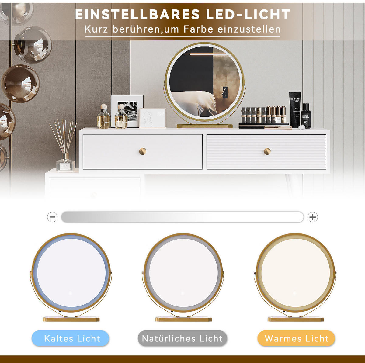 SCHMINKTISCH aus Holzwerkstoff 100x40x78 cm Weiß mit LED-Spiegel, Seitenschrank und Schubladen - Weiß, Holzwerkstoff (100/78.5/40cm) - Modfu