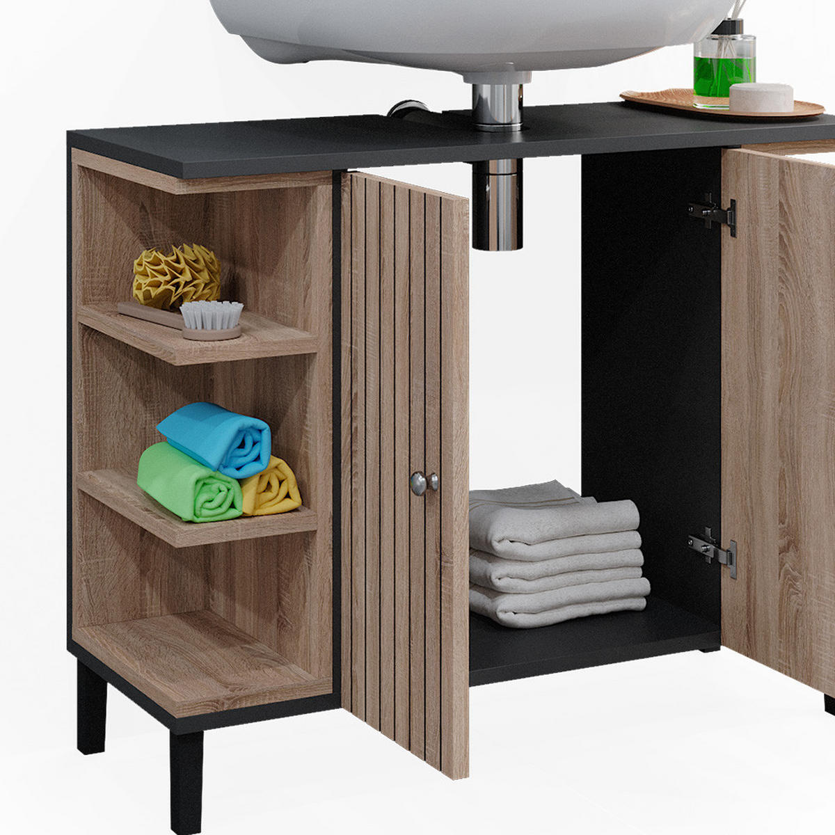 WASCHBECKENUNTERSCHRANK Aquis Sonoma 79.6 x 64 cm mit 2 Türen - Anthrazit/Sonoma Eiche, Holzwerkstoff (79.6/64/32cm) - Vicco