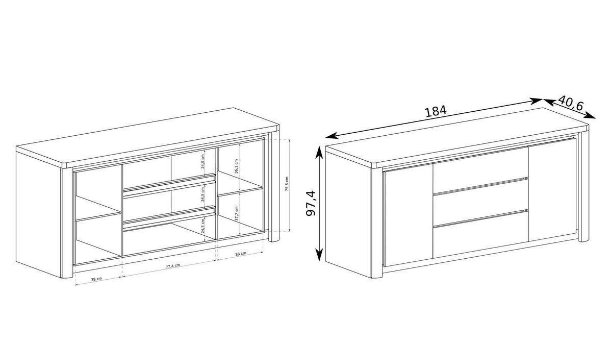 KOMMODE VARUS 184/97,5/40,5cm mit 3 Schubladen 2 Türen Eichefarben - Eichefarben/Weiß, Holzwerkstoff (184/97.5/40.5cm) - MASSENO