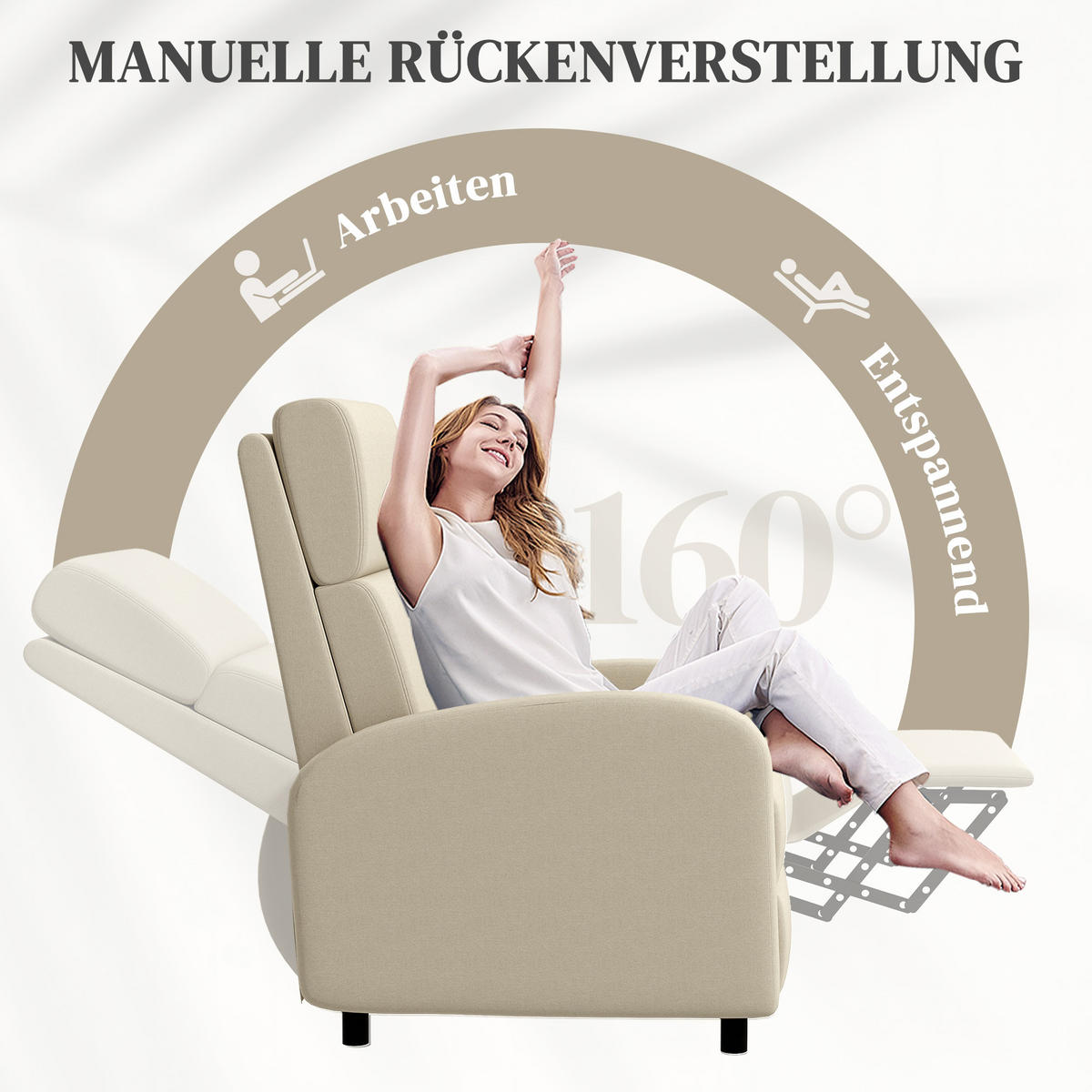 RELAXSESSEL gepolstert Fernsehsessel mit Liegefunktion bis 120 kg Belastbar - Creme/Schwarz, Kunststoff/Textil (64/102/86cm) - HOMCOM