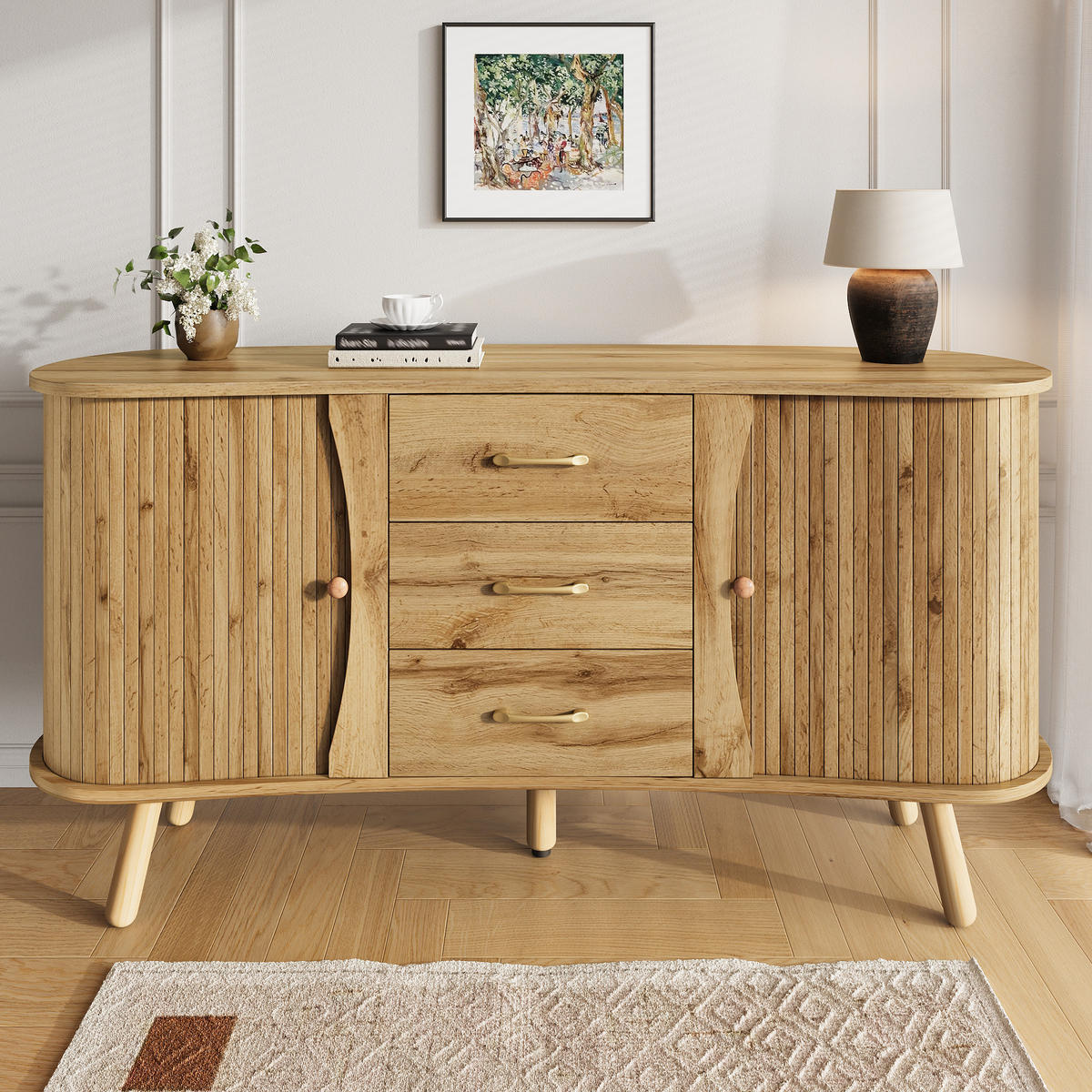 SIDEBOARD in Holzoptik Kommode mit Verstellbare Einlegeböden und Massivholzbeine, B150/T36,5/H75(cm) - Hellbraun, Holzwerkstoff (150/75/36.5cm) - STILVORA