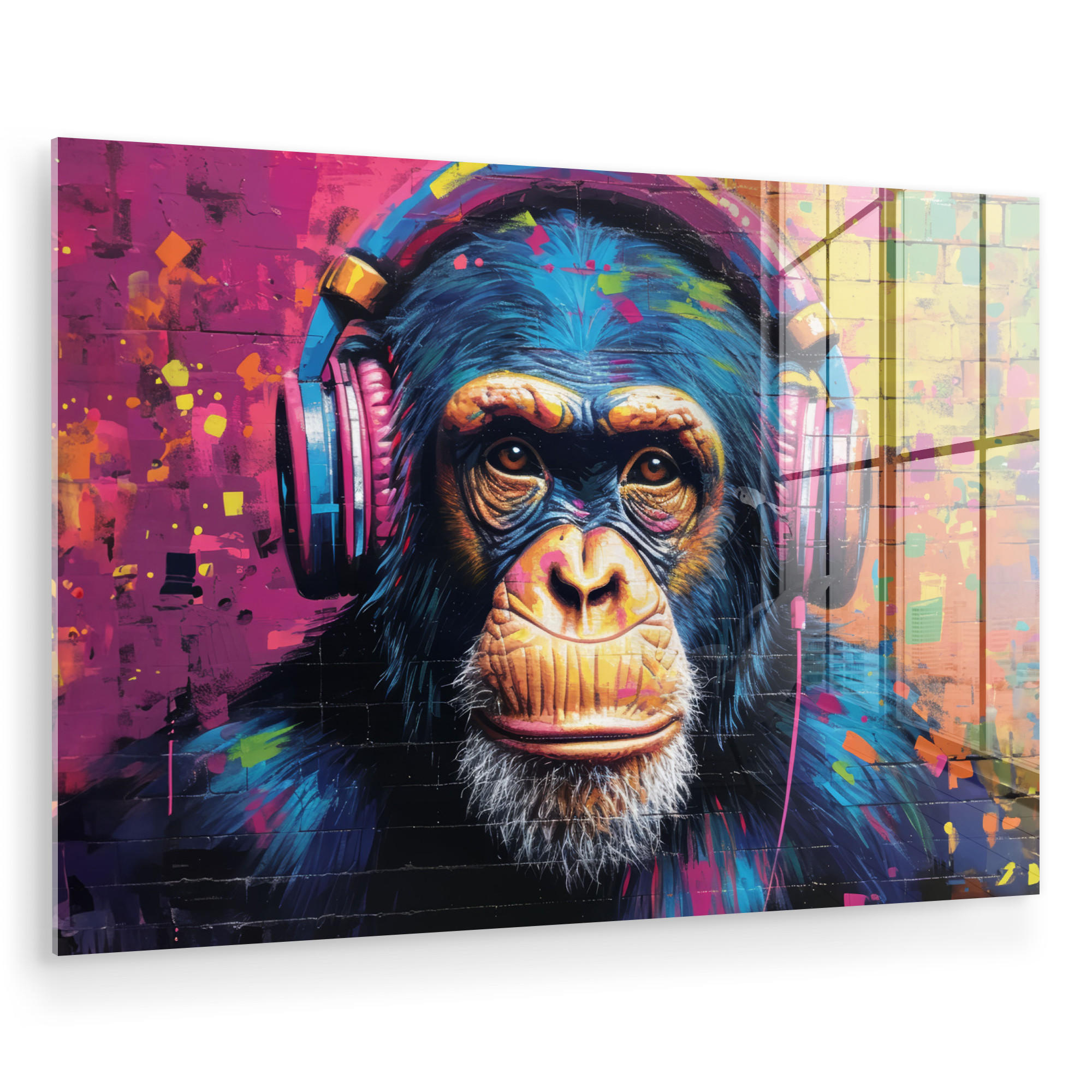 MuchoWow OBRAZ NA AKRYLOVÉM SKLE Graffiti - Šimpanz - Street art - Sluchátka - Opice 90x60 cm