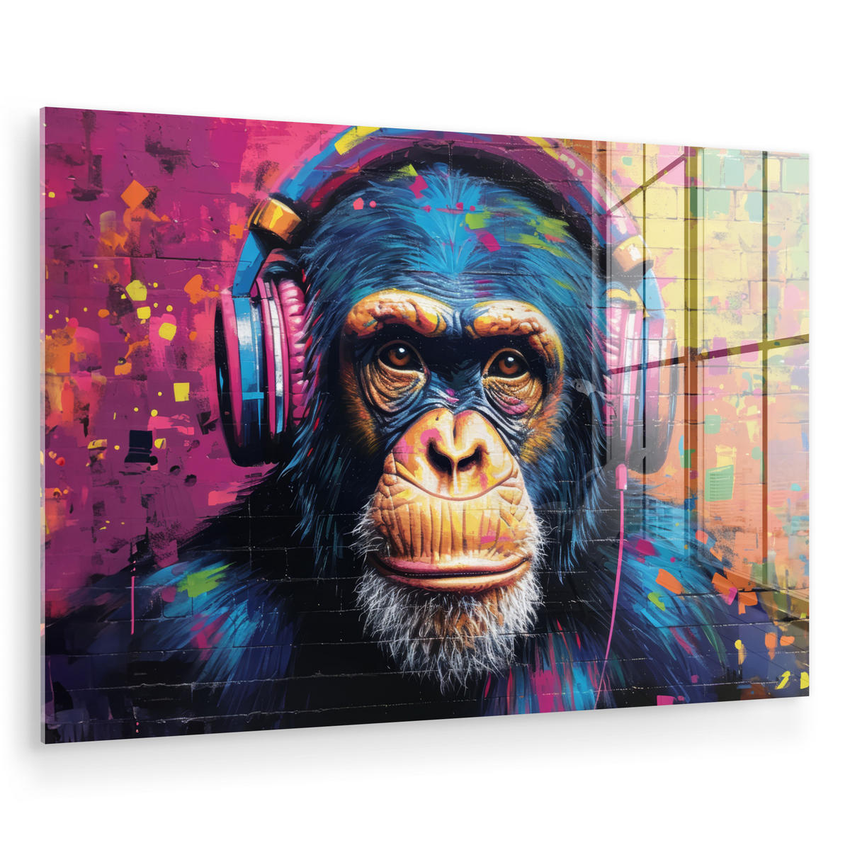 ACRYLGLASBILD Graffiti - Schimpanse - Straßenkunst - Kopfhörer - Affe 60x40 cm - Blau, Glas (60/40cm) - MuchoWow