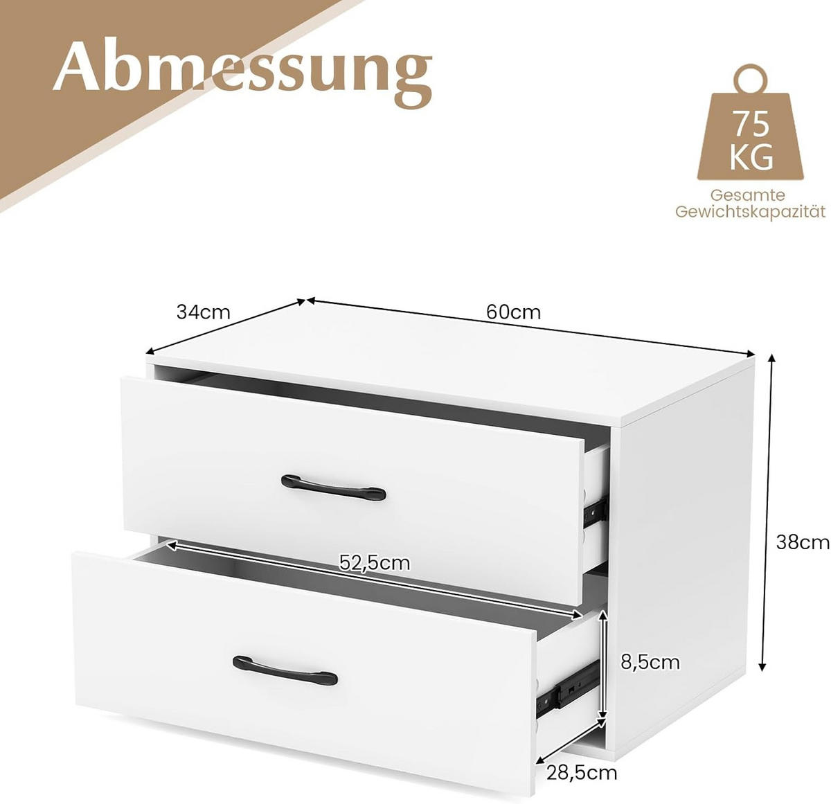 KOMMODE Weiß - Weiß, Holz (34/38/60cm) - COSTWAY