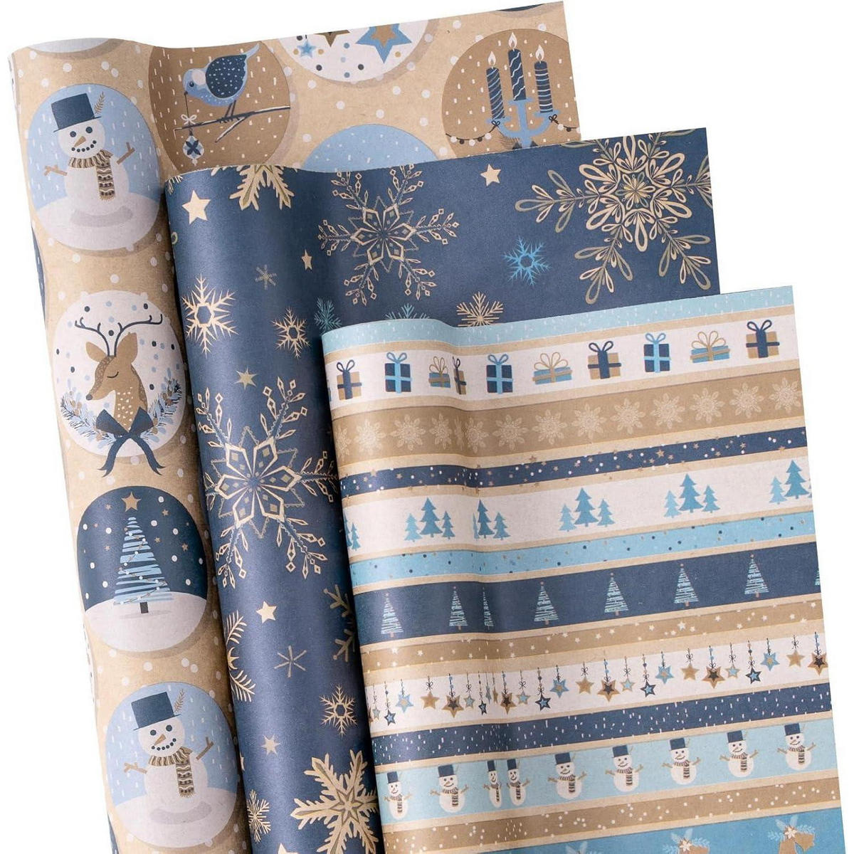 GESCHENKPAPIER 3 Rollen Set Kraftpapier Blau/Weiß 43,2 cm x 3 m - Multicolor, Papier (4/44/10cm)