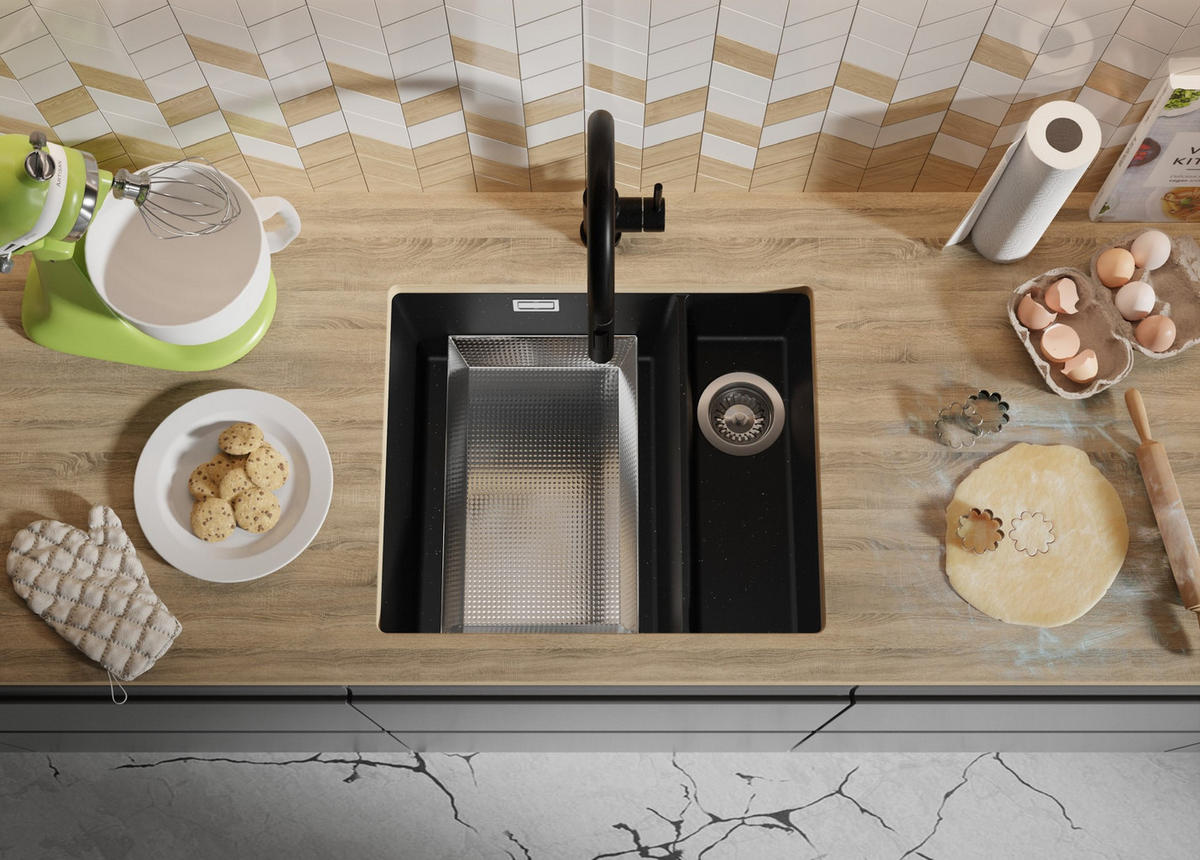 UNTERBAUSPÜLE GRANIT London Duo, 2-er set Schwarz Metallic 56/47 cm 1,5 Becken + Ablauf-Set ab 60er Unterschrank - Chromfarben/Schwarz Hochglanz, Kunststoff (56/20/47cm) - Primagran