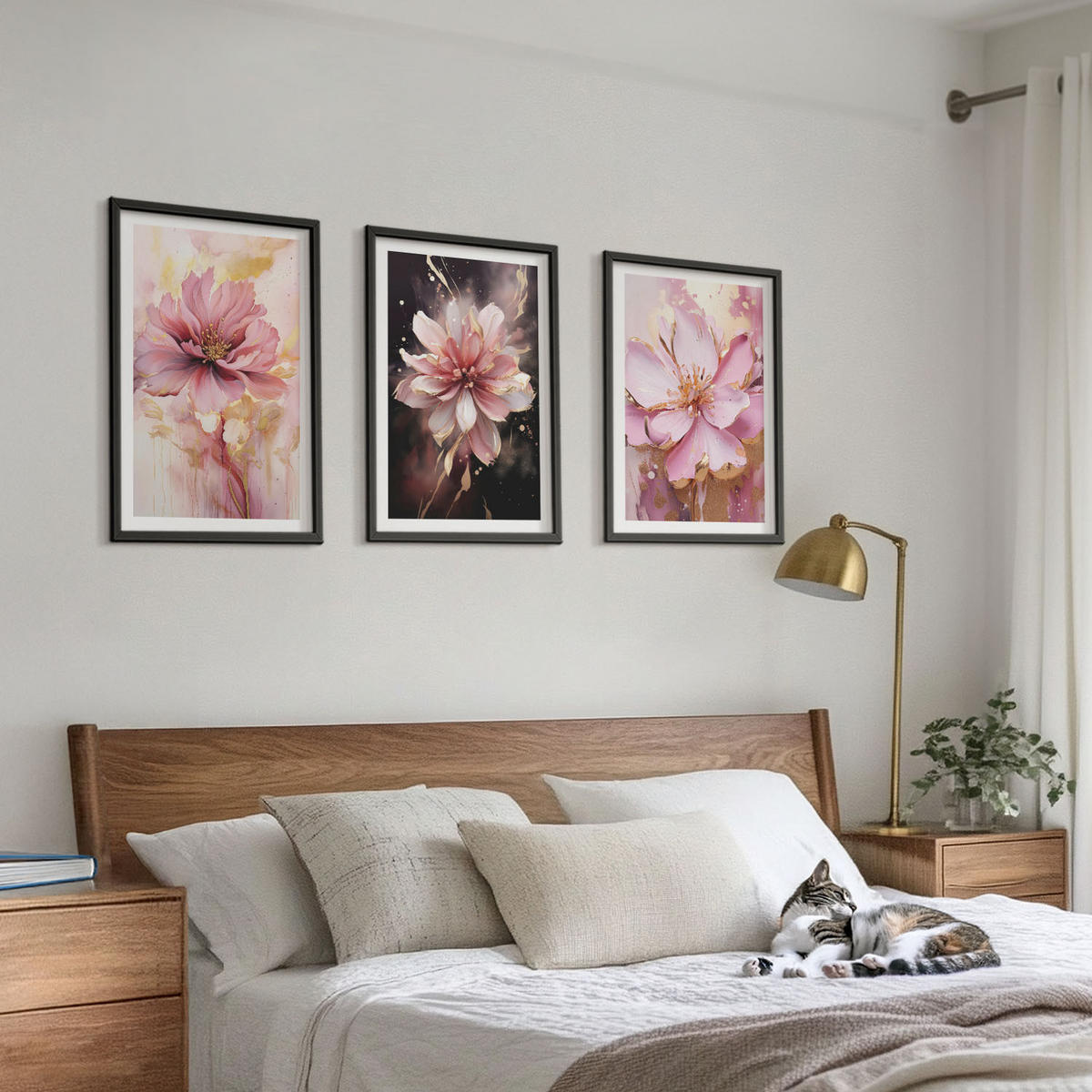 WANDBILDER 3er-Set - 40x60 cm Schwarzer Rahmen - Blumenkompositionen aus Rosen und Weiß - Schwarz, Kunststoff (40/60cm) - ArtPrintCave