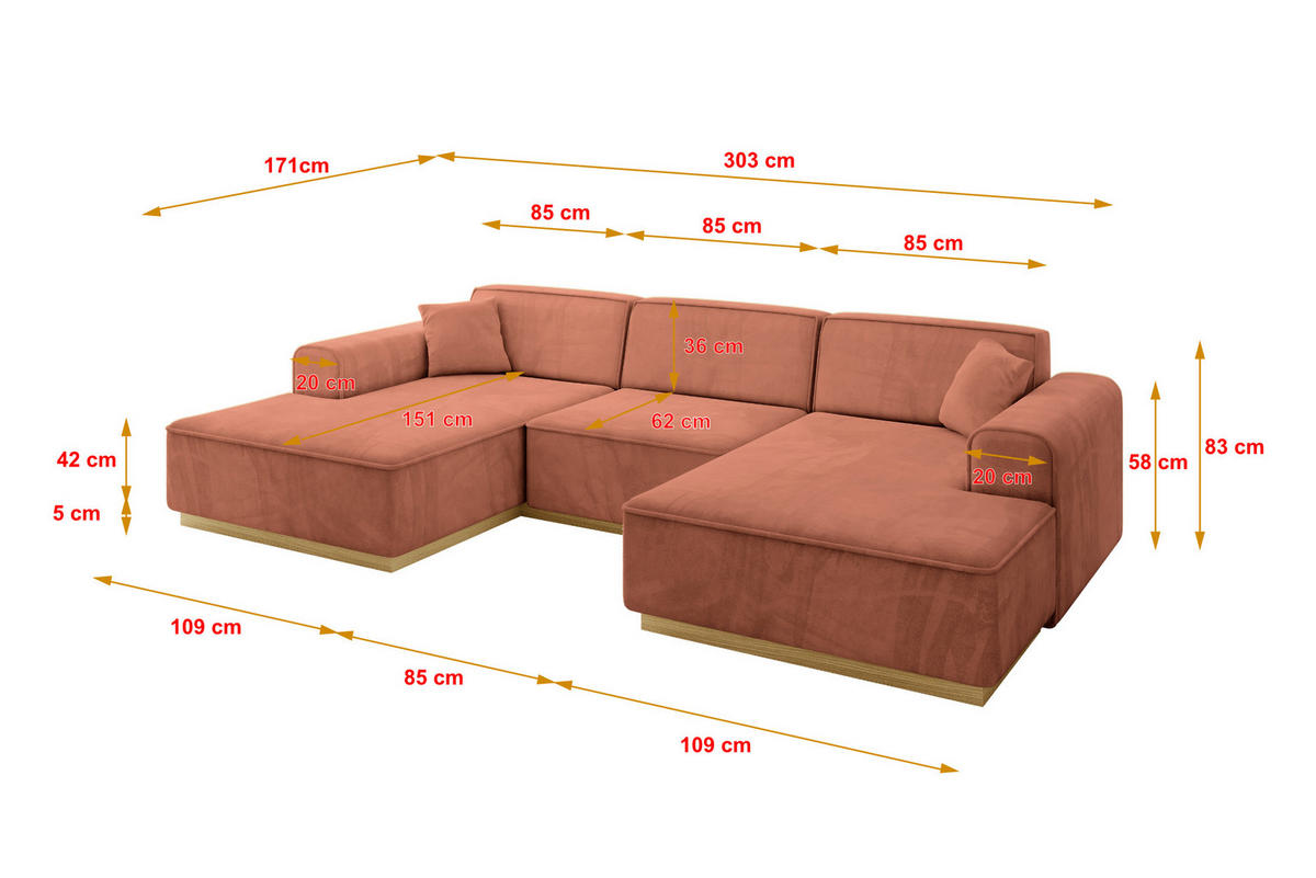 WOHNLANDSCHAFT IREA-U1-v2 - 303x171x83 cm Apricot - Koralle, Holzwerkstoff/Textil (303/83/171cm) - ALTDECOR