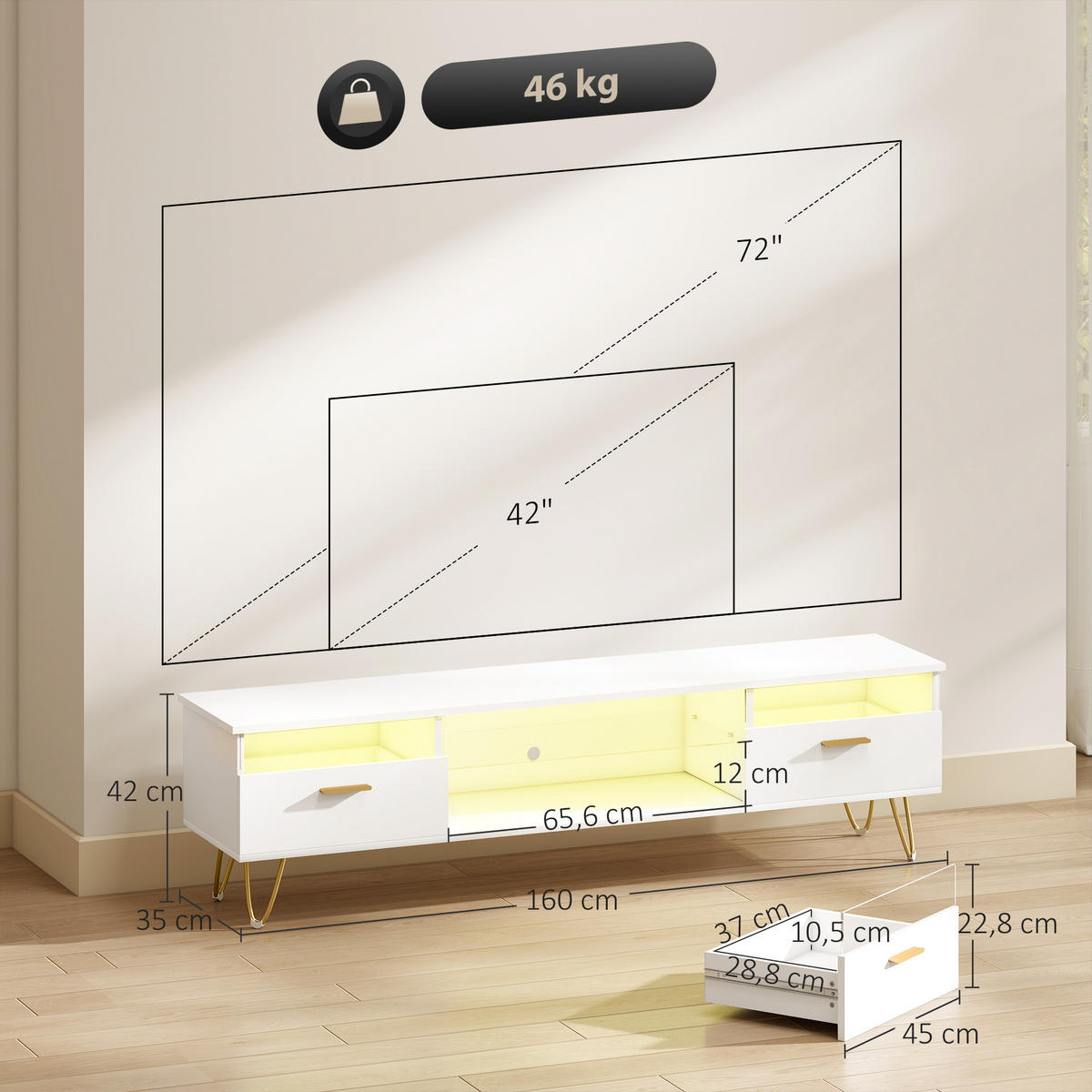 LOWBOARD Weiß 160/35/42 cm, LED-Beleuchtung, Soft-Close, Metallfüße - Weiß, Holzwerkstoff (160/42/35cm) - PANGIVO